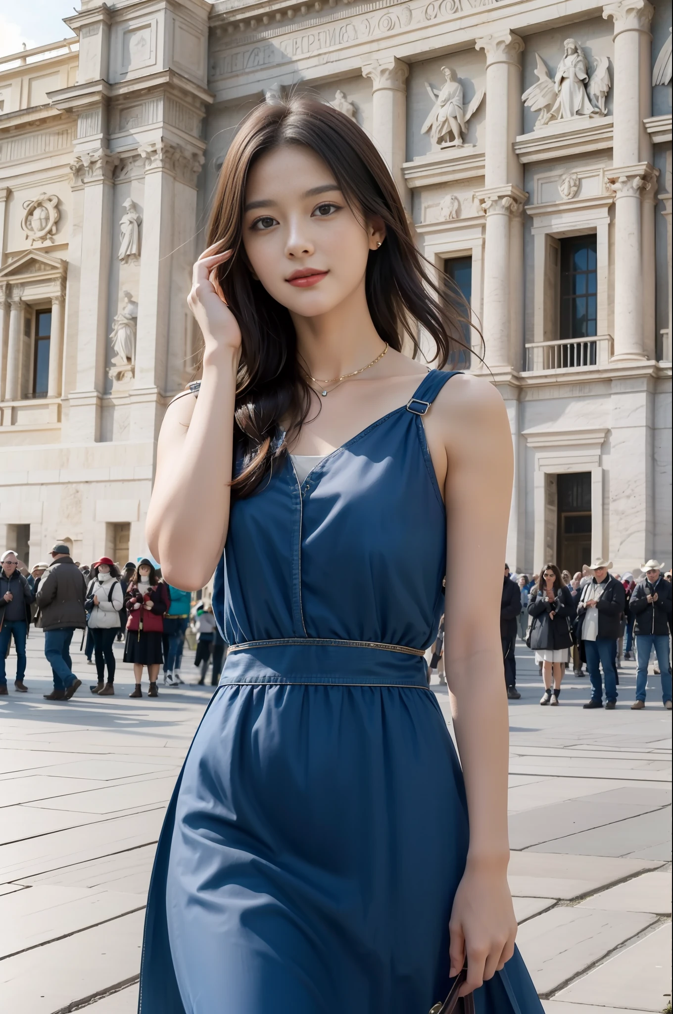 masterpiece, 4K, best quality, FELute, necklace, gorgeous dress, (on the St. Peter's Square of Vatican,crowd),bracers,cowboy shot, looking at viewer, smirk, hand up