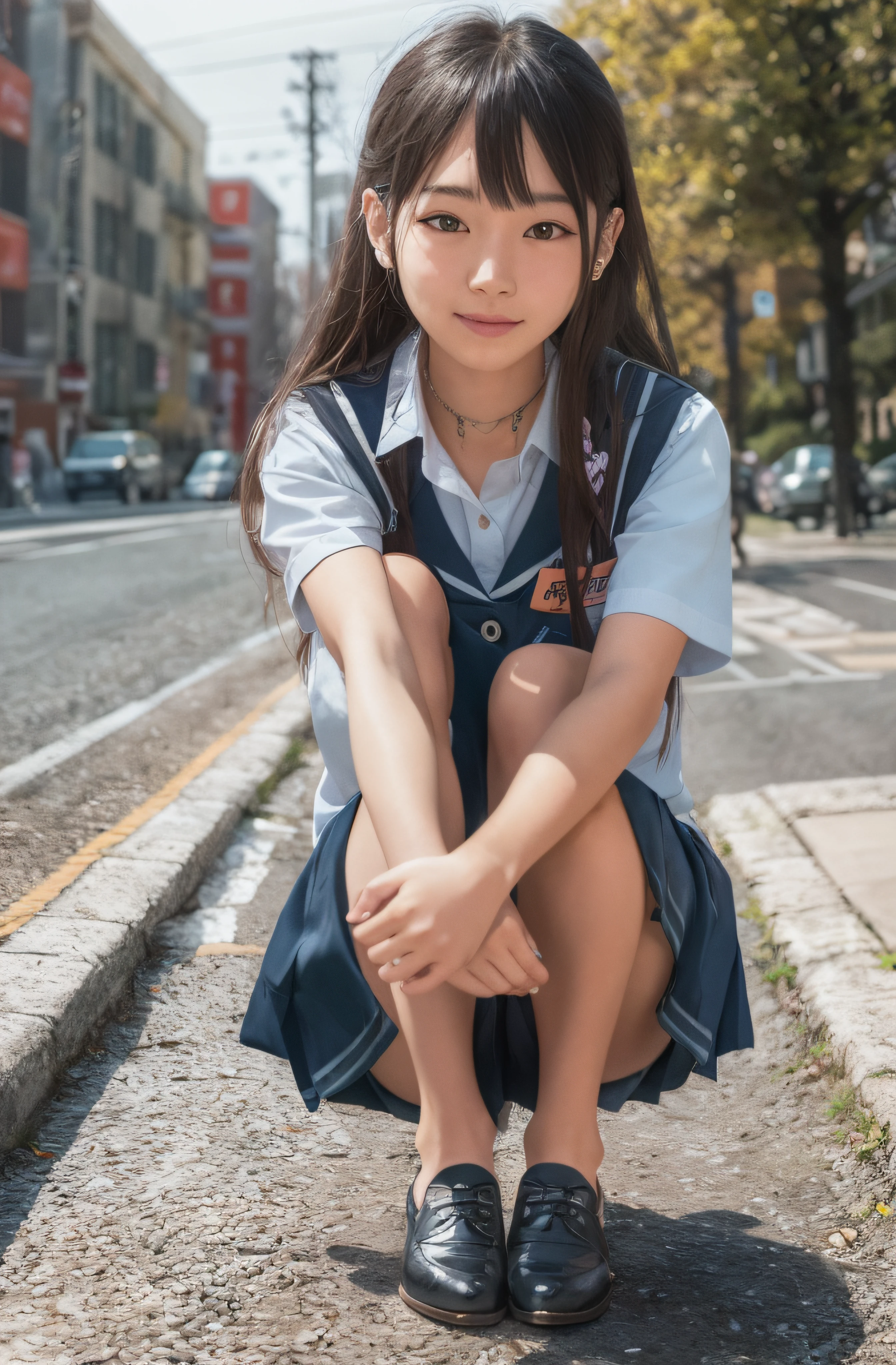 there is a young woman kneeling on the sidewalk in a school uniform, portrait of a japanese teen, of a youthful japanese girl, of a schoolgirl posing, Anime girl in real life, Young Asian girl, wearing a Japanese school uniform, japanese girl school uniform, cute female student, Chinese girl, a surrealist schoolgirl, up of young anime girl, Cute young girl