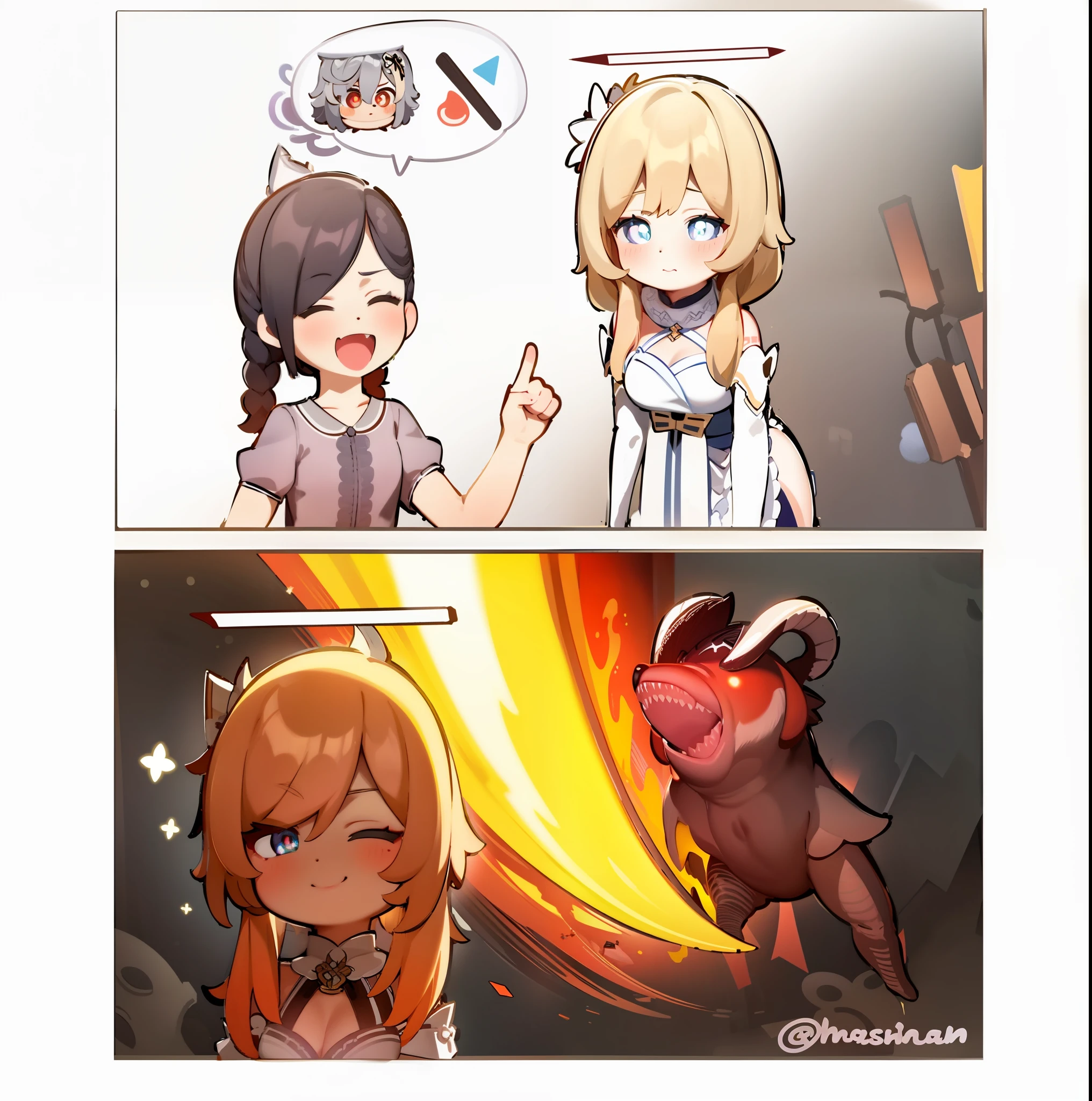 masterpiece, best quality, chibi, girl, solo, nahida_genshin, maid uniform, cross-shaped pupils, pointing