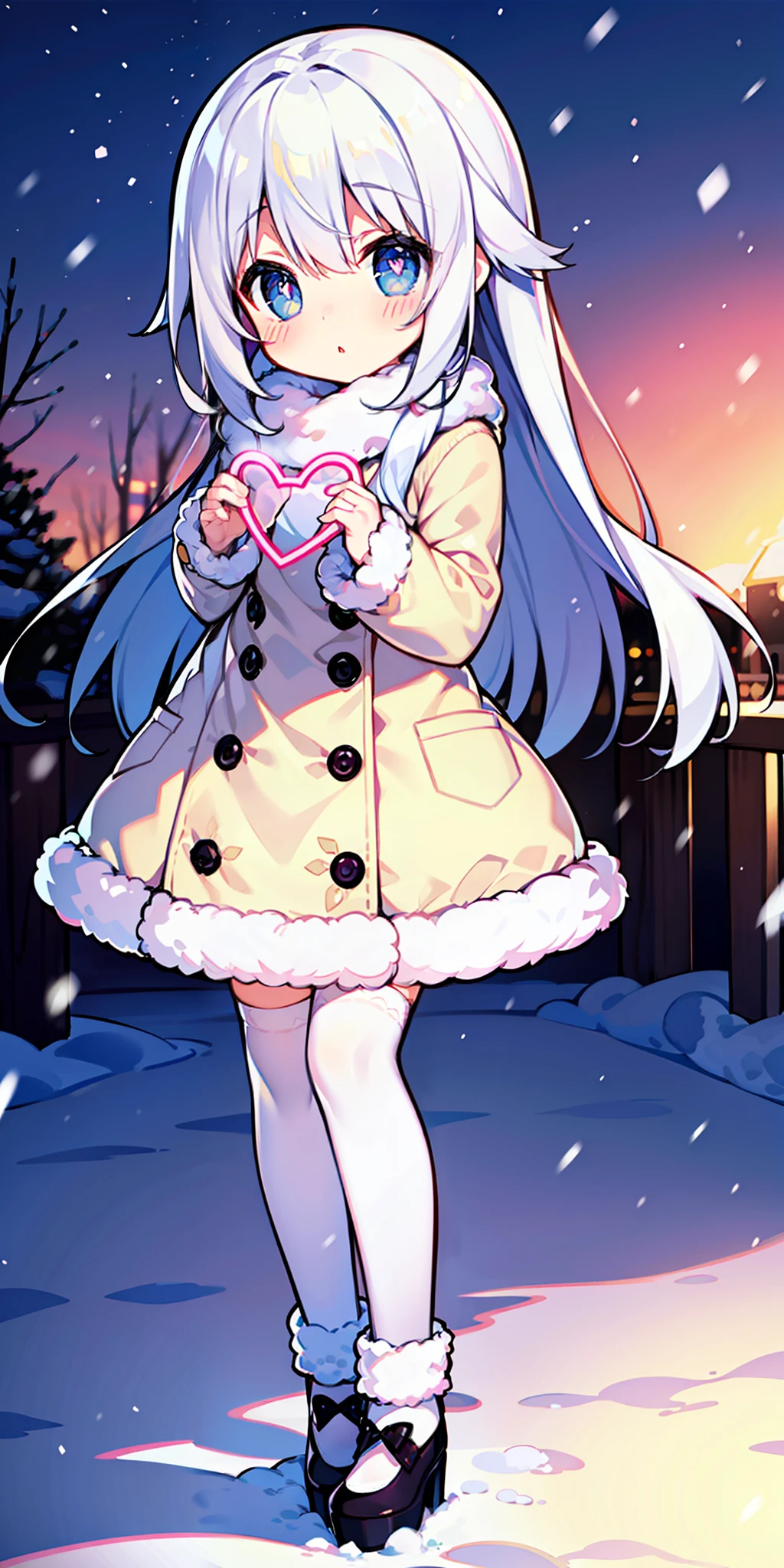 Loli, long hair, cute, heart-shaped pupils, solo, white hair, blush, winter, snow, outdoors, white stockings, standing