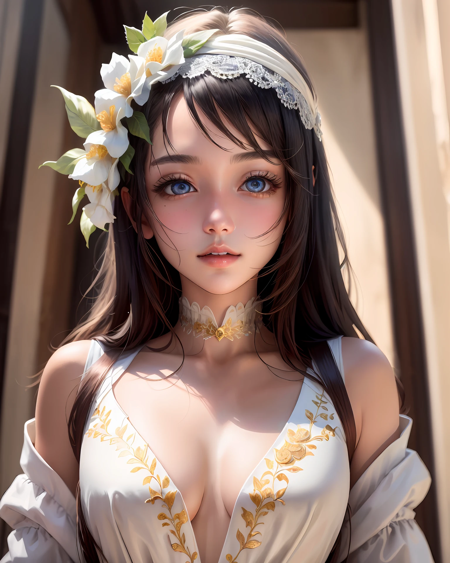 (blush:1.0),(masterpiece:1.2),(photorealistic:1.4),(ulzzang-6500:1.0),4k,ultra res,(1girl:1.2),solo, upper body, shot from below, white kinomo with golden ornaments,(finely detailed eyes and detailed face:1.5),blush,glossy lips,full body,narrow waist,brown eyes,black hair