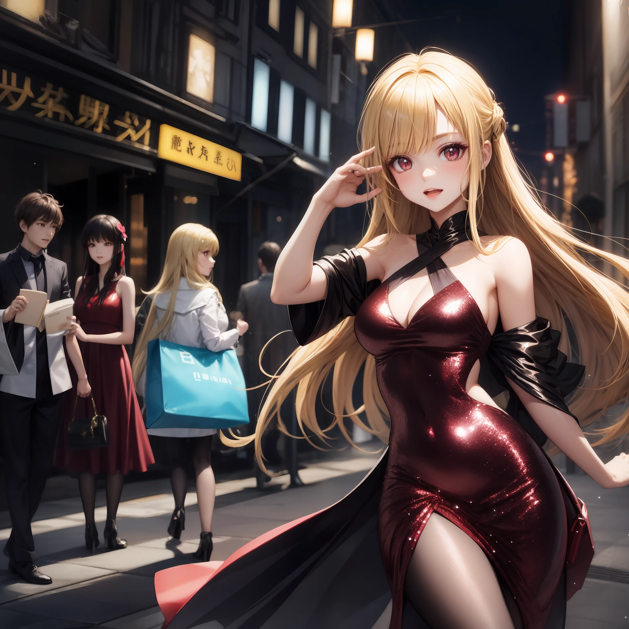 animated cartoon、Beautiful blonde girl、red eyes、Sequin Dresses