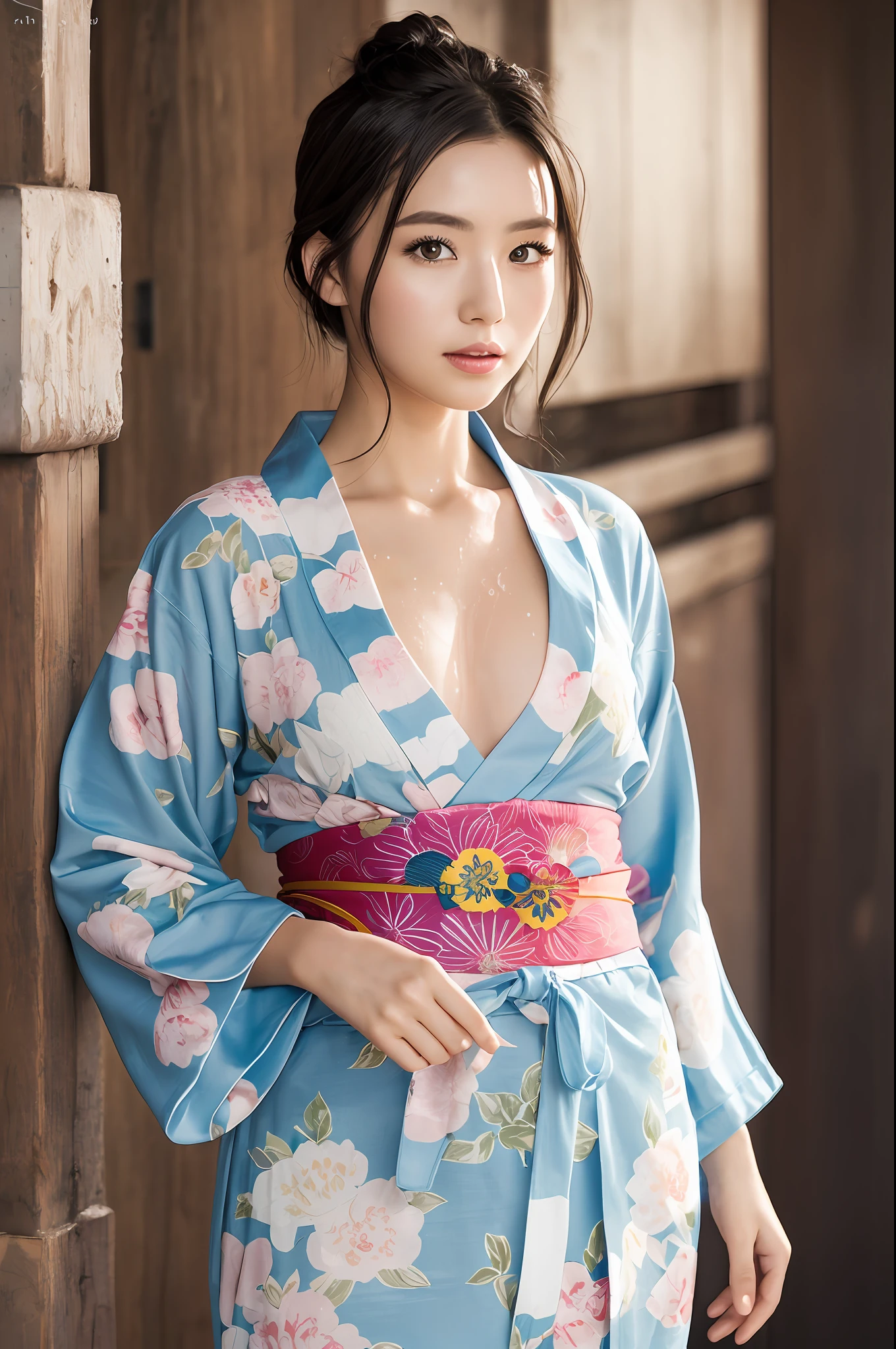 Woman in elegant yukata standing, In an ultra-thin yukata, (Showing thighs and legs)、the whole body is wet、Sticking to the body、show through、no-bra、Nipple ring、Wearing kimono, Kimono, in a kimono, japanese kimono, bath robe, Wearing a kimono, Japanese Models, traditional japanese, japanese lady, pale and coloured kimono, elegant japanese woman, goddess of Japan、(crisp photos)、raw,(8K, beste-Qualit, шедевр:1.2),(intricate detailes:1.4),(photo- realistic:1.4),octane renderings, Complex 3D rendering ultra detail, Studio Soft Light, Rim Lights, vivid detail, Super Detail, realistic skin textures, Detail Face, Beautiful detail eyes, Very detailed CG Unity 16k wallpaper, make-up, (detailedbackground:1.2),