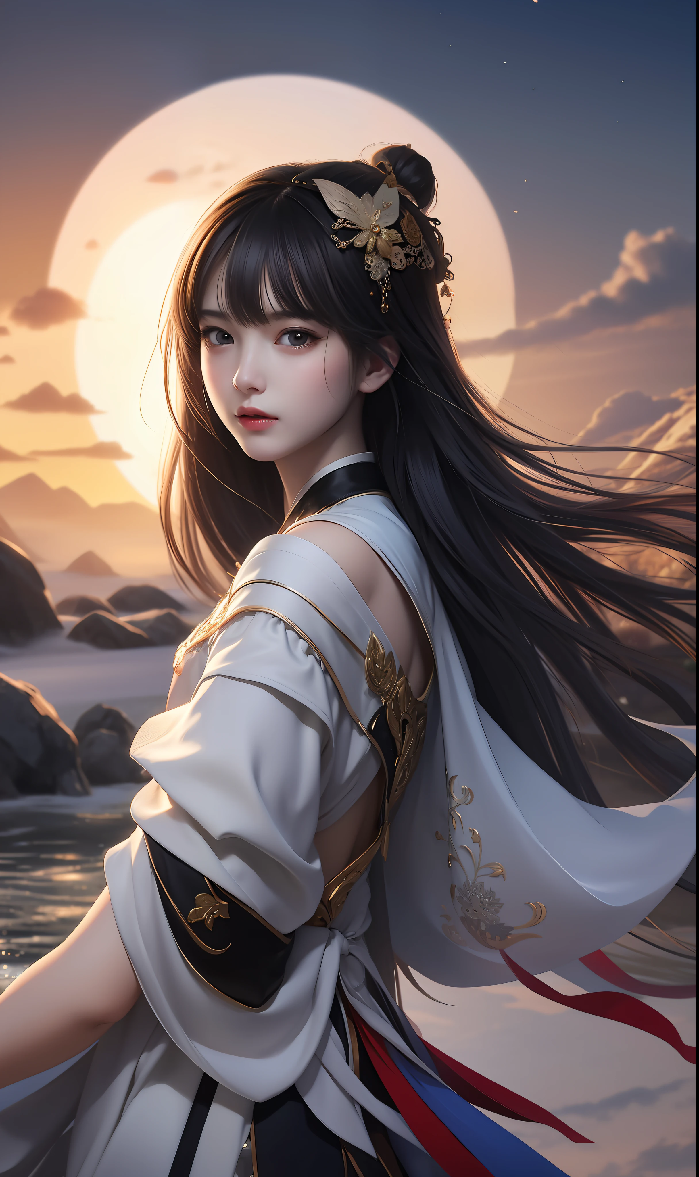 (8k, RAW photo:1.2), best quality, ultra high res,dramatic angle,(fluttered detailed color splashs), (illustration),(((1 girl))),(long hair),(rain:0.9), (头饰:1.4),少女身边有一座古宫,汉服,(重点),彩色水墨画,(泼彩),泼彩,(((colorful))),(素描:0.8) , Masterpiece, best quality, beautiful painted, highly detailed,(denoising:0.6),[splash ink],((ink refraction)), (beautiful detailed sky),moon,highly,detaild,(masterpiece, best quality, extremely detailed） CG unity 8k壁纸，杰作，最好的质量，超详细），（石蒜），