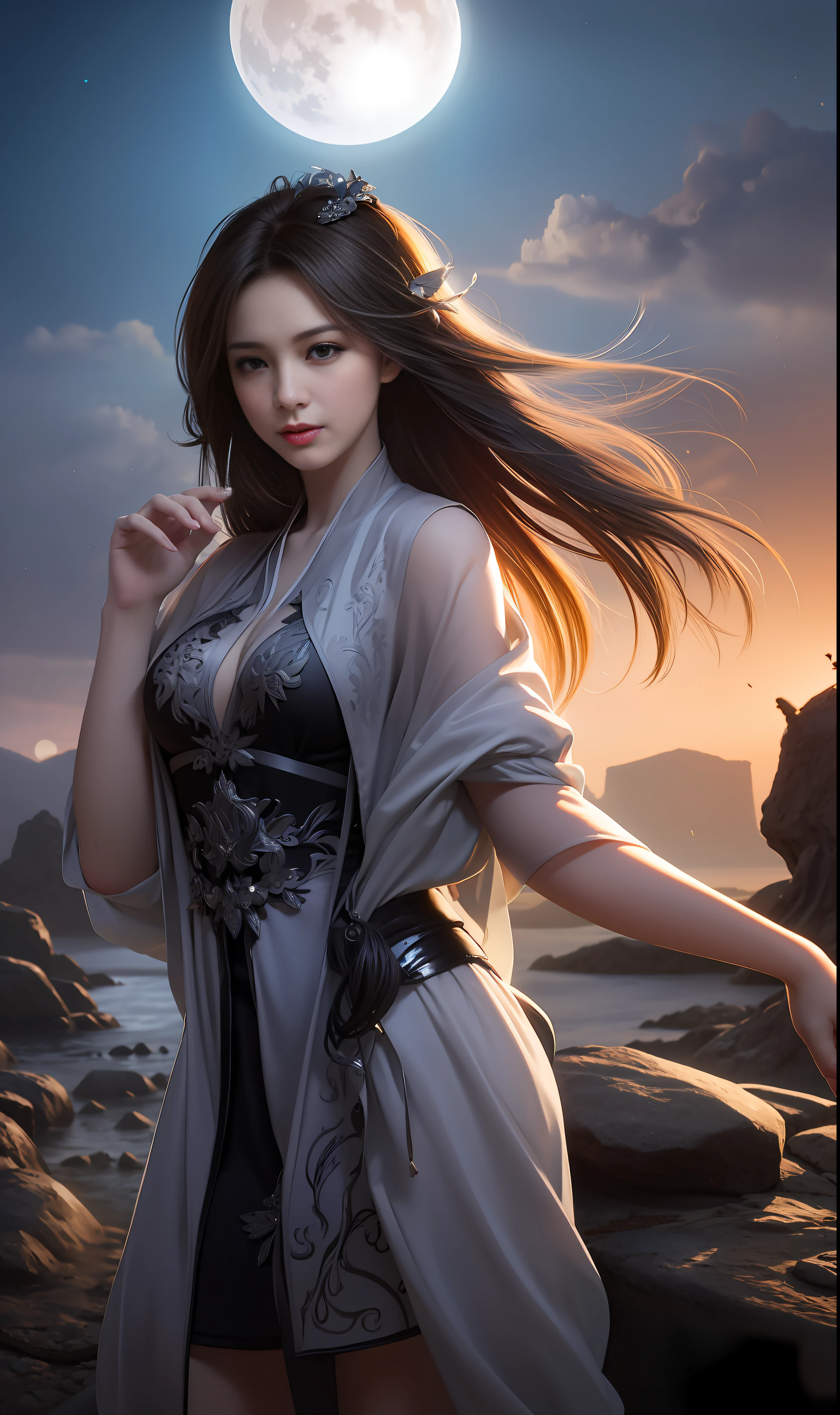 (8k, RAW photo:1.2), best quality, ultra high res,dramatic angle,(fluttered detailed color splashs), (illustration),(((1 girl))),(long hair),(rain:0.9), (头饰:1.4),少女身边有一座古宫,汉服,(重点),彩色水墨画,(泼彩),泼彩,(((colorful))),(素描:0.8) , Masterpiece, best quality, beautiful painted, highly detailed,(denoising:0.6),[splash ink],((ink refraction)), (beautiful detailed sky),moon,highly,detaild,(masterpiece, best quality, extremely detailed） CG unity 8k壁纸，杰作，最好的质量，超详细），（石蒜），