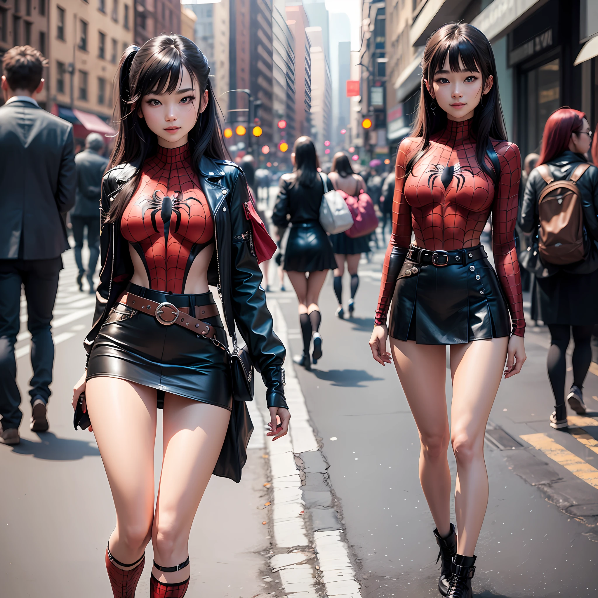 Sasa in a Spider-Man suit々Kiki、20 years old、(mini-skirts:1.1)、A sexy、long hair with bangs、poneyTail、a belt、deep neckline、mini-skirts、sleeve less、cheeky grin、In New York、Navel out、Shooting with a DSLR、detailed faces、Leather Ultra Mimini Skirt Big Waist、Great body、Great legs、cinematic photography、maximum details、Neutral Color、mgq、Subdued Color、Soft cinematic light、Insane details、intricate detailes、hyper detailled --auto