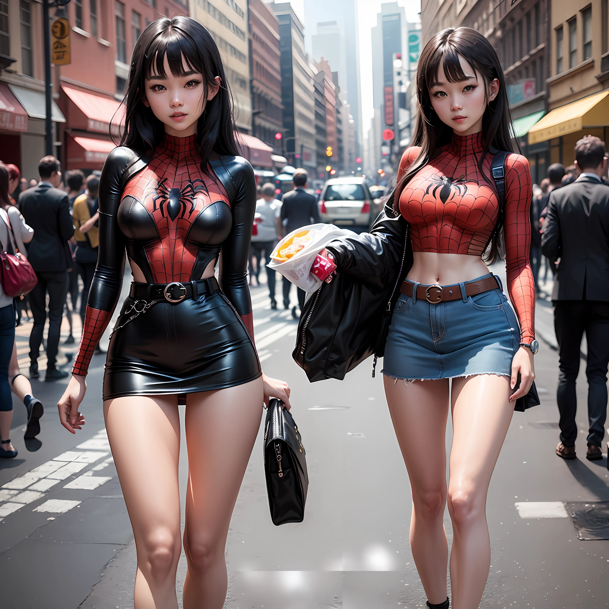 Sasa in a Spider-Man suit々Kiki、20 years old、(mini-skirts:1.1)、A sexy、long hair with bangs、poneyTail、a belt、deep neckline、mini-skirts、sleeve less、cheeky grin、In New York、Navel out、Shooting with a DSLR、detailed faces、Leather Ultra Mimini Skirt Big Waist、Great body、Great legs、cinematic photography、maximum details、Neutral Color、mgq、Subdued Color、Soft cinematic light、Insane details、intricate detailes、hyper detailled --auto
