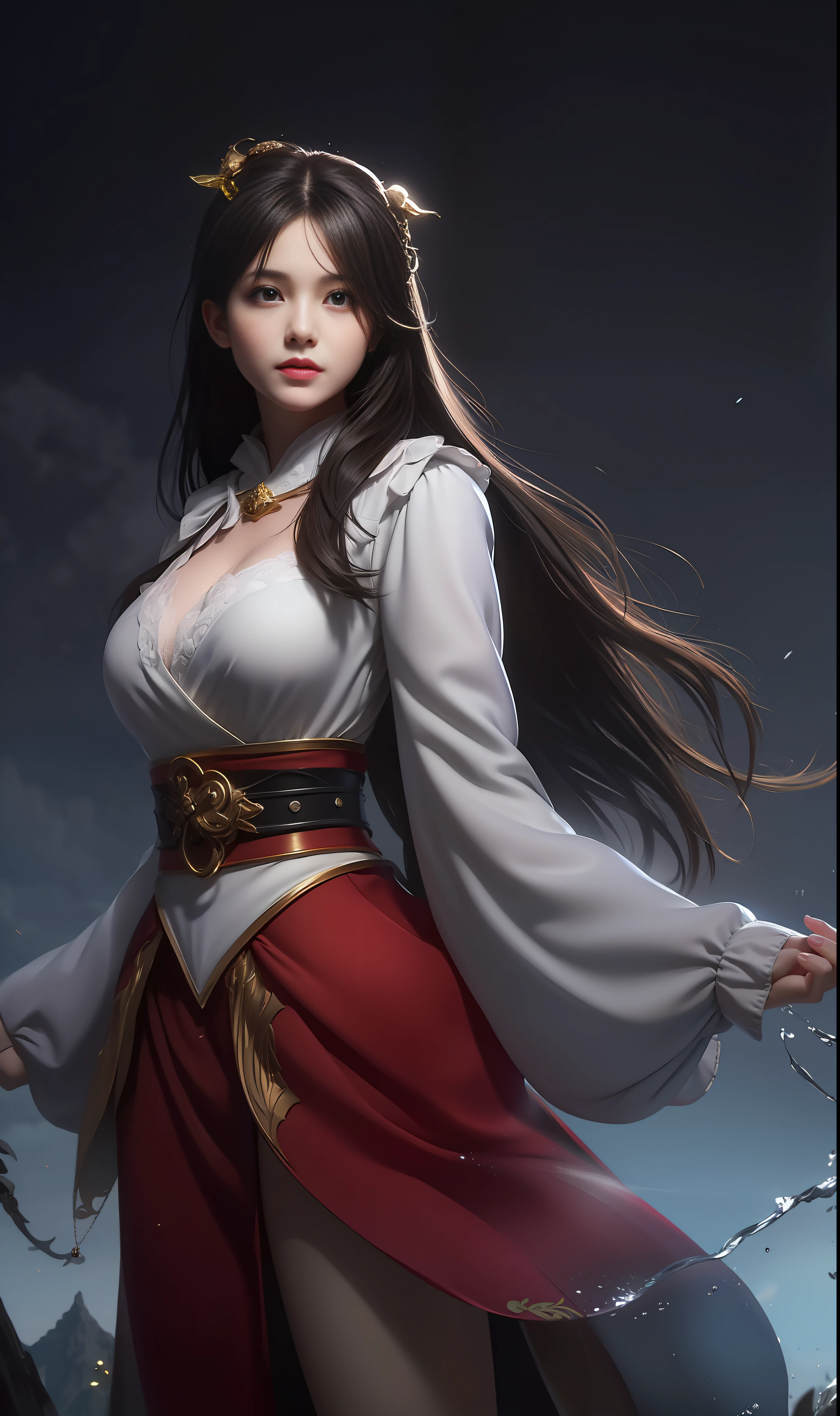 (8k, RAW photo:1.2), best quality, ultra high res,dramatic angle,(fluttered detailed color splashs), (illustration),(((1 girl))),(long hair),(rain:0.9), (头饰:1.4),少女身边有一座古宫,汉服,(重点),彩色水墨画,(泼彩),泼彩,(((colorful))),(素描:0.8) , Masterpiece, best quality, beautiful painted, highly detailed,(denoising:0.6),[splash ink],((ink refraction)), (beautiful detailed sky),moon,highly,detaild,(masterpiece, best quality, extremely detailed） CG unity 8k壁纸，杰作，最好的质量，超详细），（石蒜），