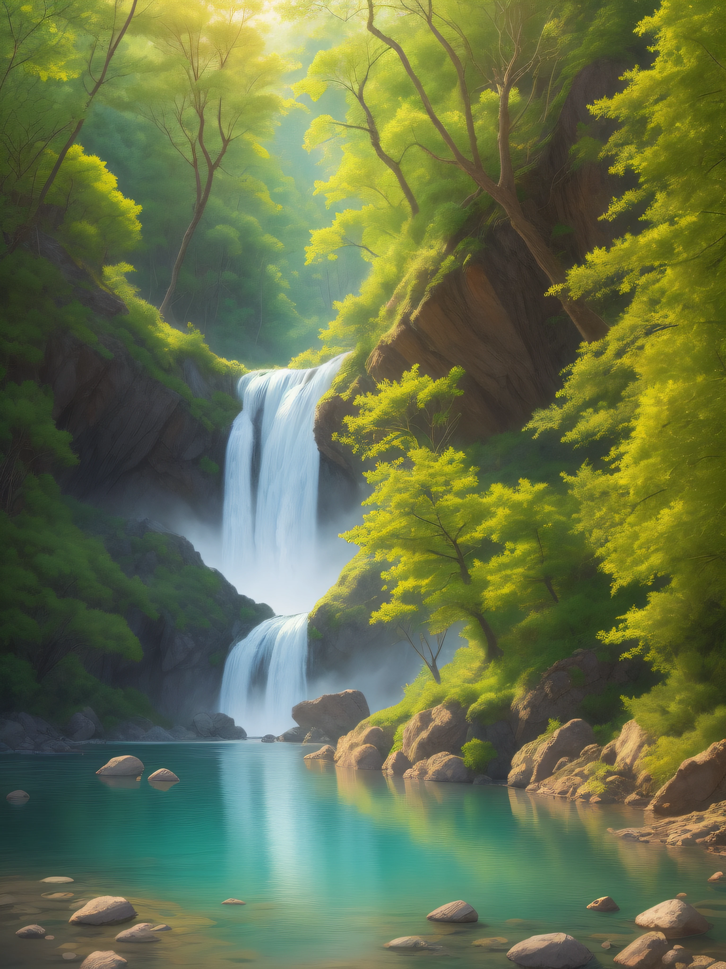 oil painting on canvas of a beautiful landscape a large crystalline and turbulent rocky river with large rapids and waterfalls formed by large rocks in its waters, con un gran bosque colorido y grandes rocas en su orilla, with large rough trunks, the trees are fully reflected in its waters, No hay humanos, Entre su bosque hay flores de colores amarillos rojos, sunny summer day, Colores impresionistas, harmonic colors