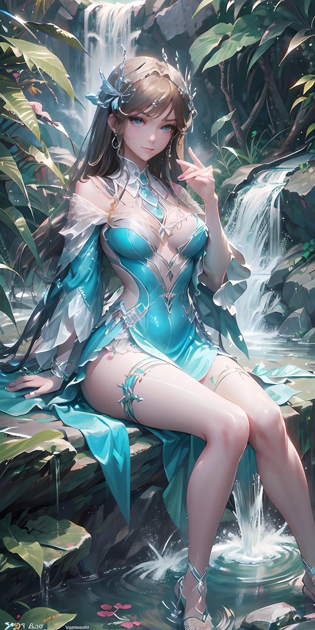 araffe woman in blue dress sitting on rock near a waterfall, photorealistic perfect body, goddess of Japan, seductive anime girls, hyperrealistic full figure, beautiful and seductive anime woman, trending at cgstation, Realistic young gravure idol, are large, realistic sensual gravure idol, beautiful goddess, Sexy gi trending on cgstation, realistic shaded perfect body