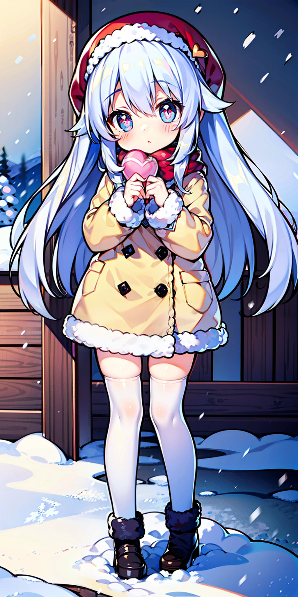 Loli, long hair, cute, heart-shaped pupils, solo, white hair, blush, winter, snow, outdoors, white stockings, standing