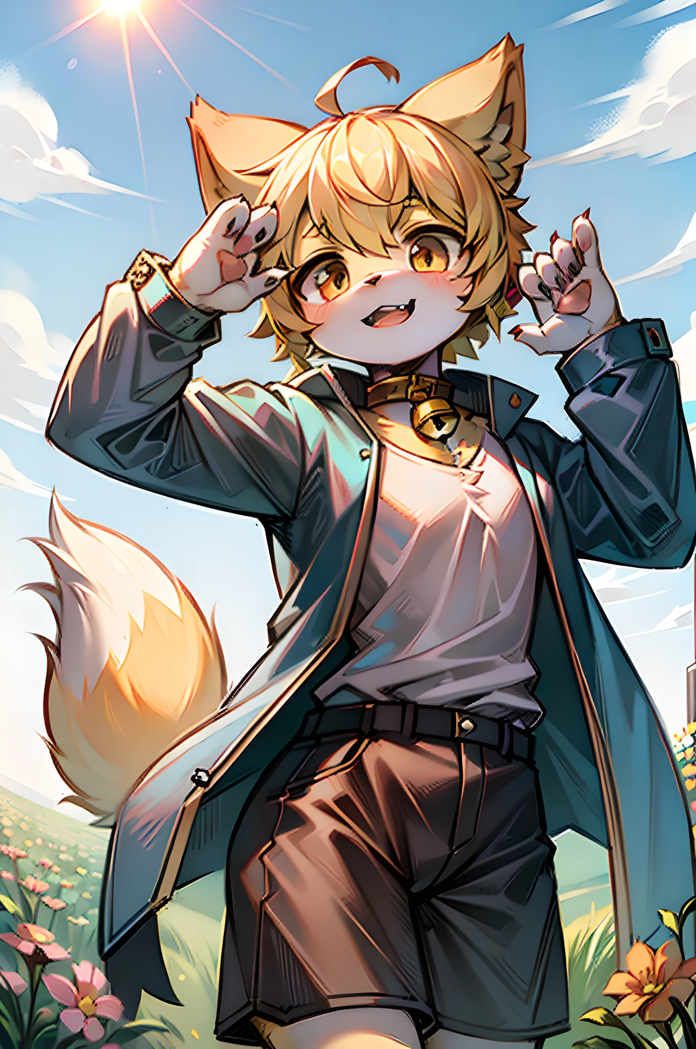 field, garden, band-aid, short hair, blonde, ahoge, bell collar, headphones, lower body, child, furry, cat ears, open mouth, clouds, sky, sky, sun, in summer, no spots, cubs, yellow hair everywhere, yellow fur everywhere, cat ears, cat type, big fluffy tail, masterpiece, high-quality portrait, human figure, cub, beard, lone child boy, wind, pose, full shot, sky blue coat, gray shorts, yellow scarf, white shirt, super cute face, Hands, meat pads, layered, Furry