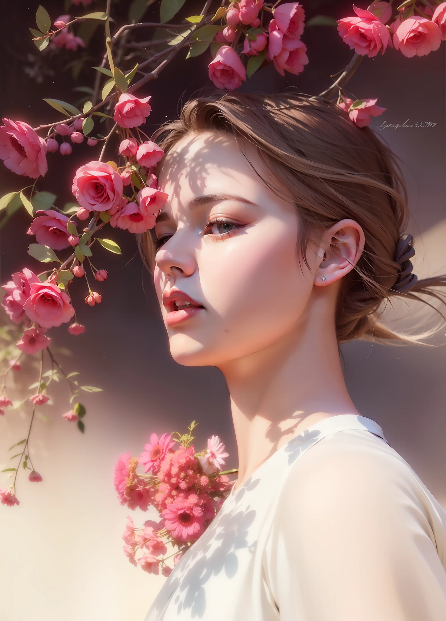 A girl with long hair, straight nose, close her eye, attractive lips, digital art, hyperrealistic,  details, 4k resolution, under the sunlight, digital art, Artstation.