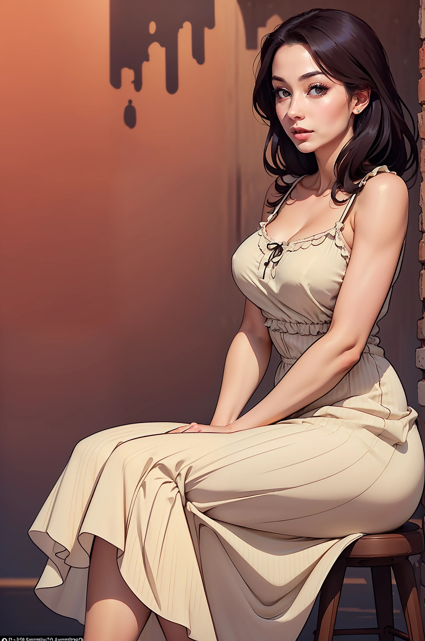 (charming:1.2+beautiful:1.2)(attractive:1.3+luring:1.3)(30-year-old:1.3)woman sitting elegantly on a stool, (wearing an enticing sundress:1.3) with a low