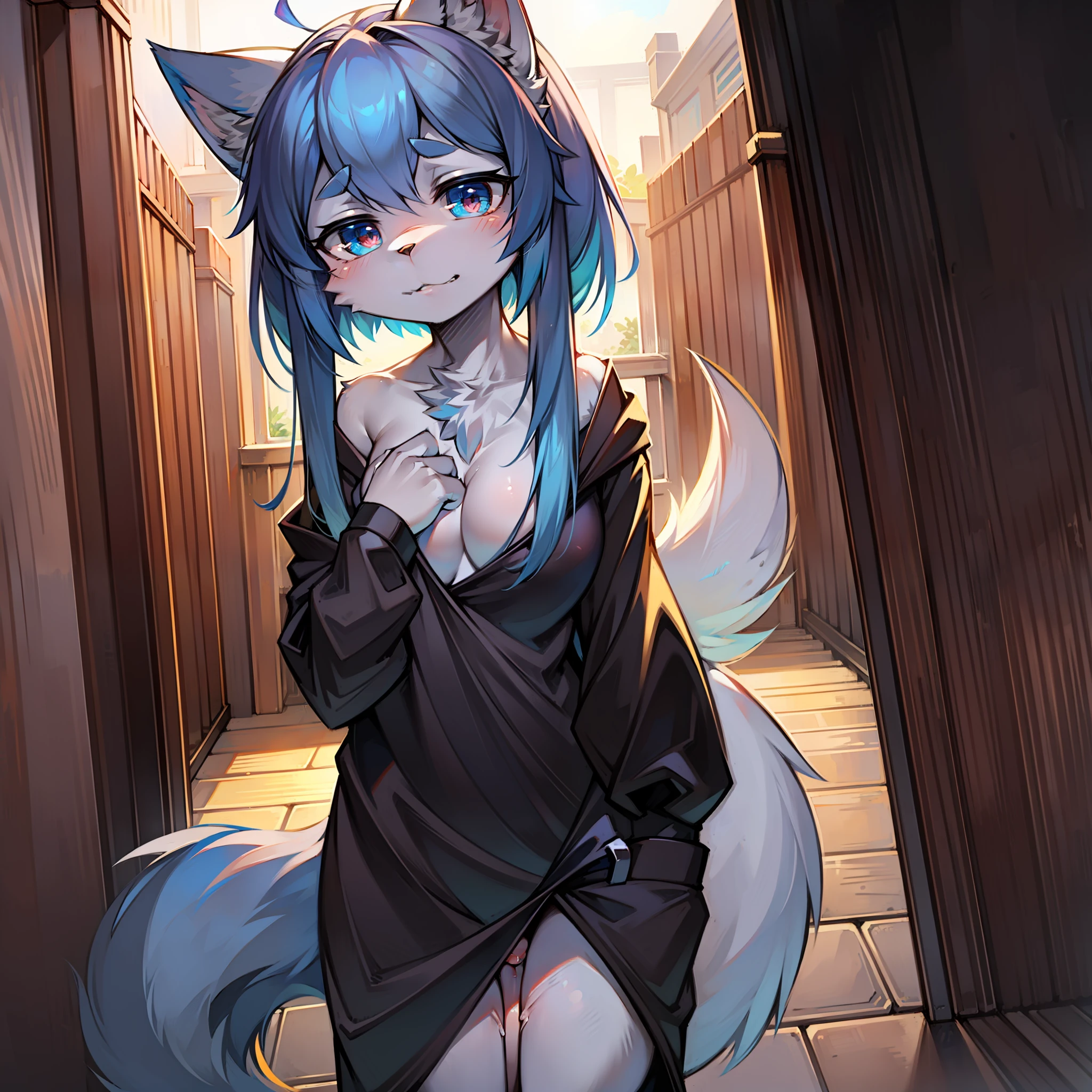furry,female,no clothe,standingn,Blue hair,wolf,Loving pupils,-nsfw