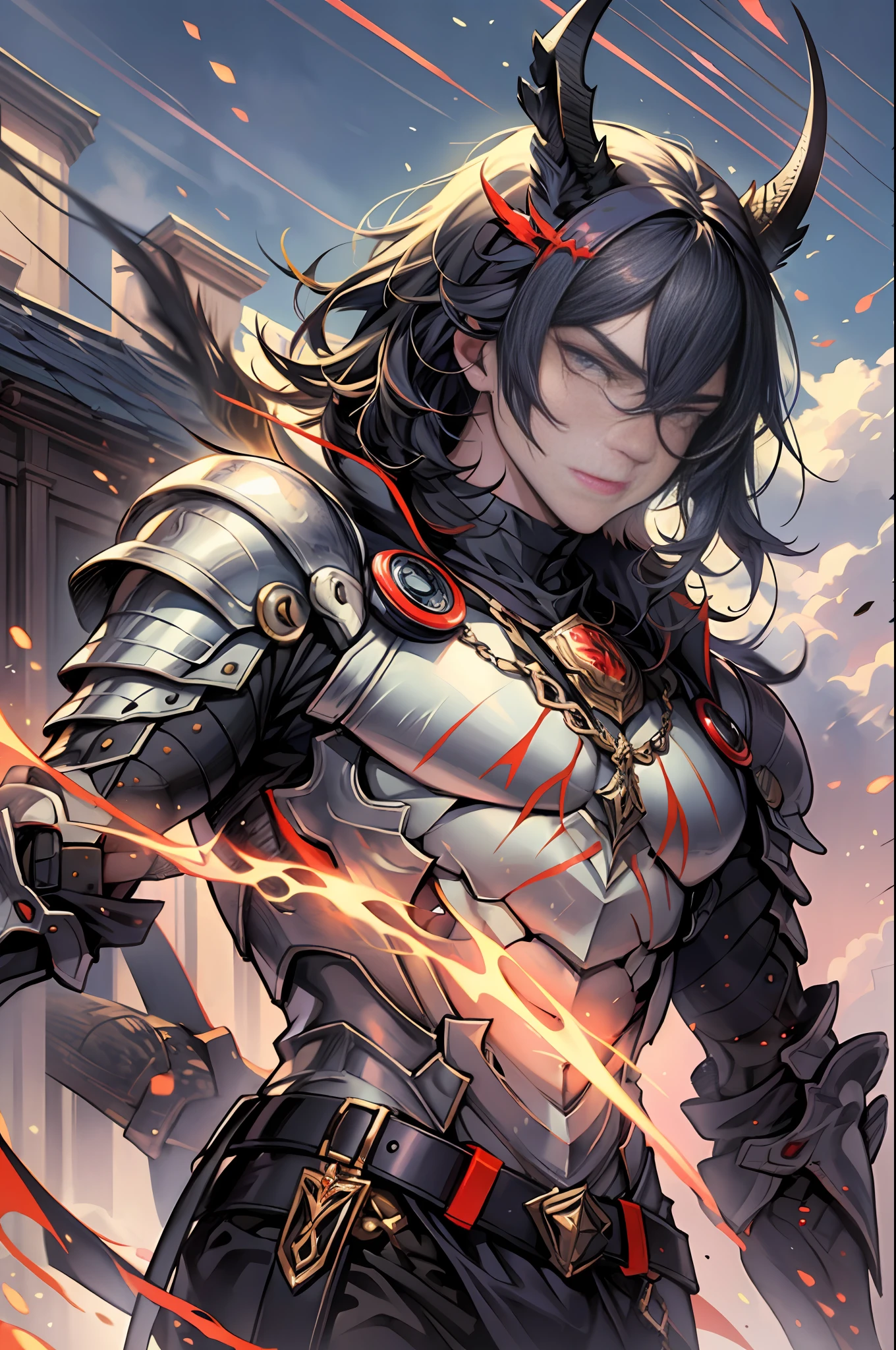 （hyper detailled）， （masterpaintings）， （Best Quority）， （very detailed CG unit 8k wallpaper），Elaborate Eyes，Perfect eyes， cinmatic lighting、1 man，Dark boy，（（Powerful demons）），In the Middle Ages， Small light on his armor， （（Red-black crown）），Dark place， Red and purple sky， zori， （concept-art）， soft light rays， illuminating the， Deformed clouds， films， （（The Great Demon Phantom））， highly detaile， wall-paper， Horizontal image