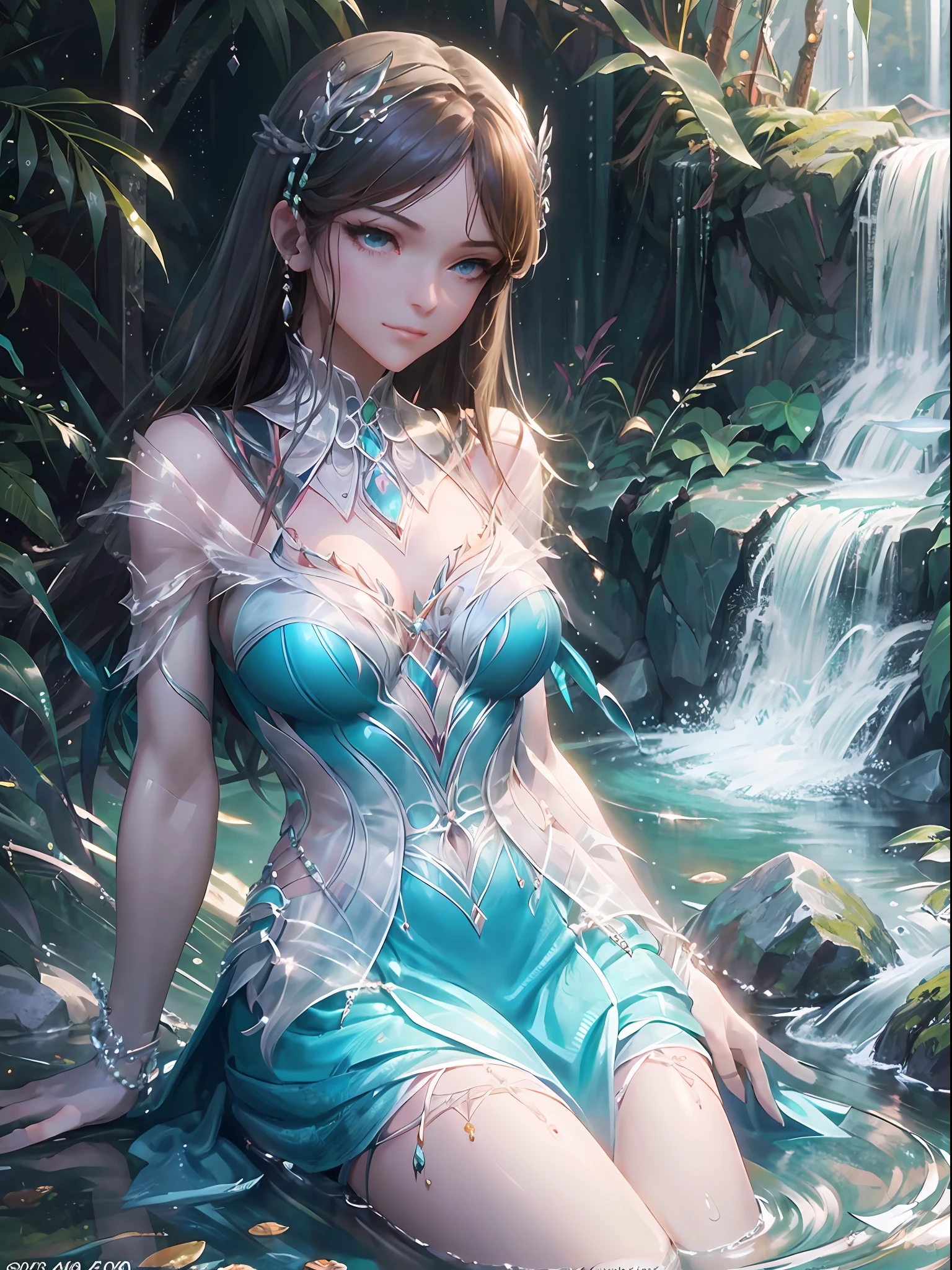 araffe woman in blue dress sitting on rock near a waterfall, photorealistic perfect body, goddess of Japan, seductive anime girls, hyperrealistic full figure, beautiful and seductive anime woman, trending at cgstation, Realistic young gravure idol, Breasts are large, realistic sensual gravure idol, beautiful goddess, Sexy girl, trending on cgstation, realistic shaded perfect body