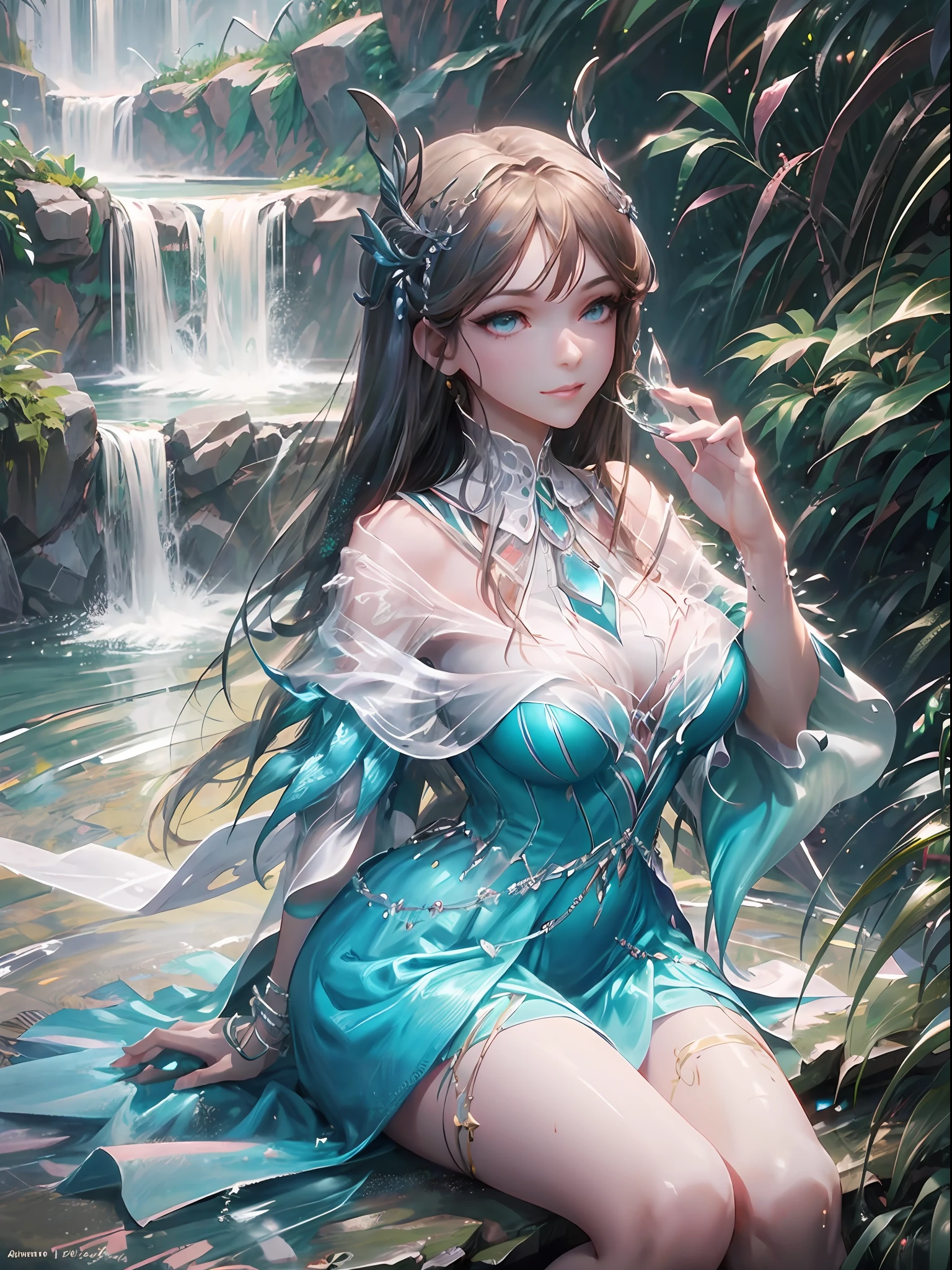 araffe woman in blue dress sitting on rock near a waterfall, photorealistic perfect body, goddess of Japan, seductive anime girls, hyperrealistic full figure, beautiful and seductive anime woman, trending at cgstation, Realistic young gravure idol, Breasts are large, realistic sensual gravure idol, beautiful goddess, Sexy girl, trending on cgstation, realistic shaded perfect body