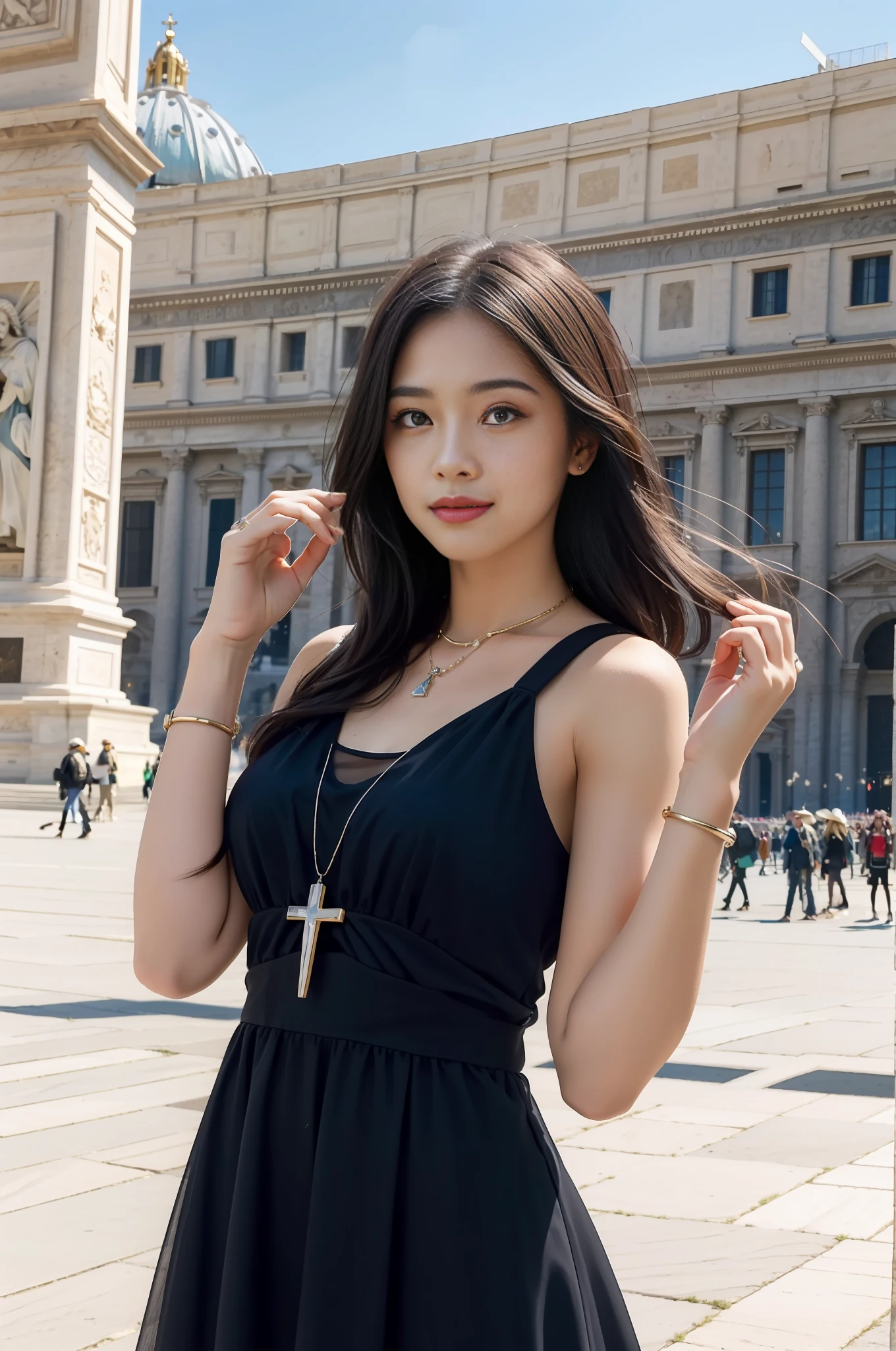 巨作, 4K, Best quality, FELute, necklace,Gorgeous dress, (on the St. Peter's Square of Vatican,crowd of),Bracers, Cowboy shot, lookatthe viewer, Smirk, Hand up