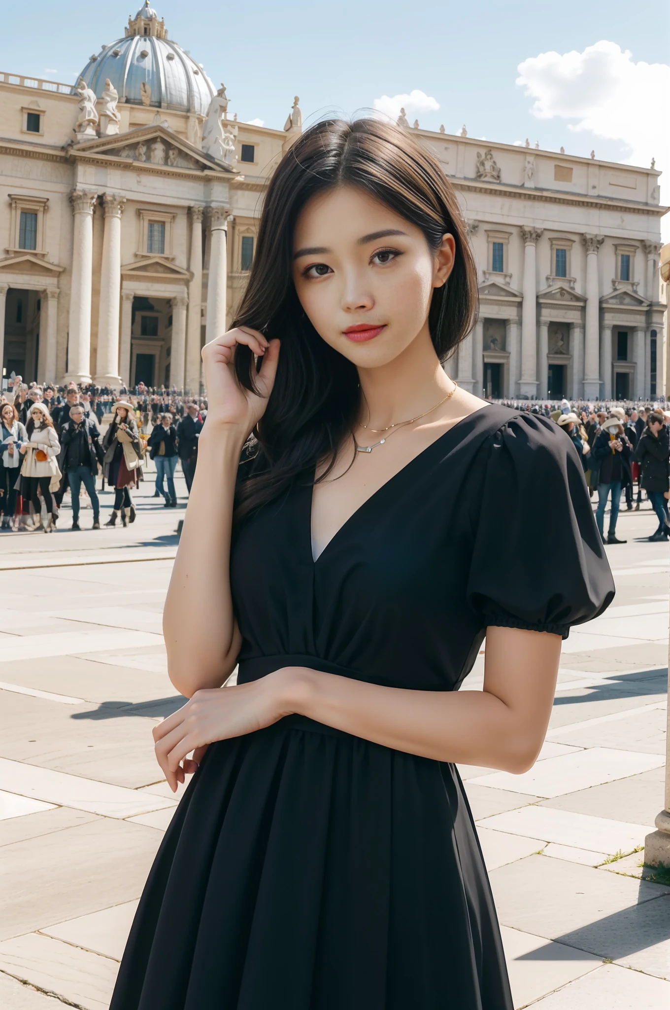 巨作, 4K, Best quality, FELute, necklace,Gorgeous dress, (on the St. Peter's Square of Vatican,crowd of),Bracers, Cowboy shot, lookatthe viewer, Smirk, Hand up