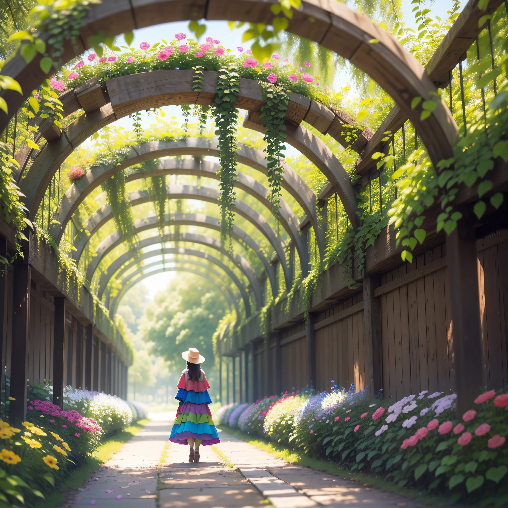 "Imagine a photographic scene that captures the perspective of a butterfly in a garden, with the petals of the flowers turning into a rainbow of colors around you."