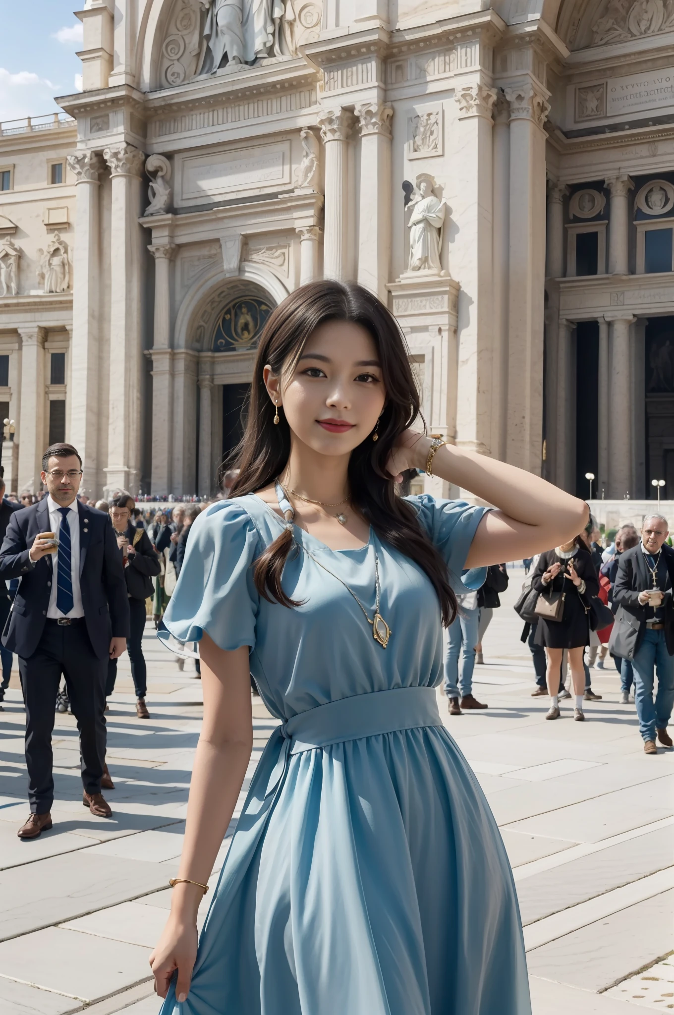 巨作, 4K, Best quality, FELute, necklace,Gorgeous dress, (on the St. Peter's Square of Vatican,crowd of),Bracers, Cowboy shot, lookatthe viewer, Smirk, Hand up