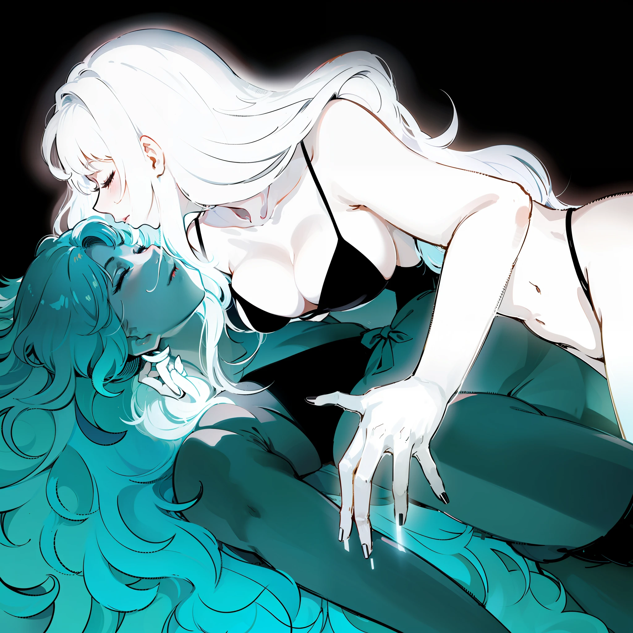 Ridiculous, high resolution, super detailed), 2 girls, (side view, glowing, long straight white hair, hair flowing on other girl, holding onto other girl), (laying down, stomach up, long messy glowing curly hair, closed eyes, closed mouth, being held by girl), couple, mature, elegant, highest detail, laying on dark water background, black swimsuit, SFW, long sharp nails, long hair