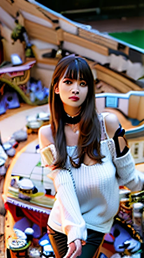 best quality, ultra high res, (photorealistic:1.4), 1girl, off-shoulder white shirt, black tight skirt, black choker, (faded ash gray hair:1), (huge breasts:1.2), looking at viewer, closeup ,