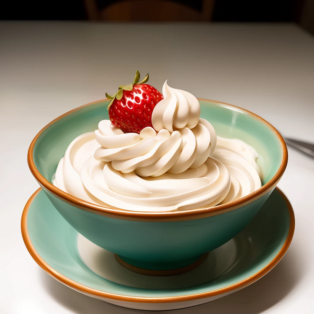 bowl of strawberry's and cream (masterpiece:1.2) (photorealistic:1.2) (best quality) (detailed skin:1.3) (intricate details) (8k) (HDR) (cinematic lighting) (sharp focus)