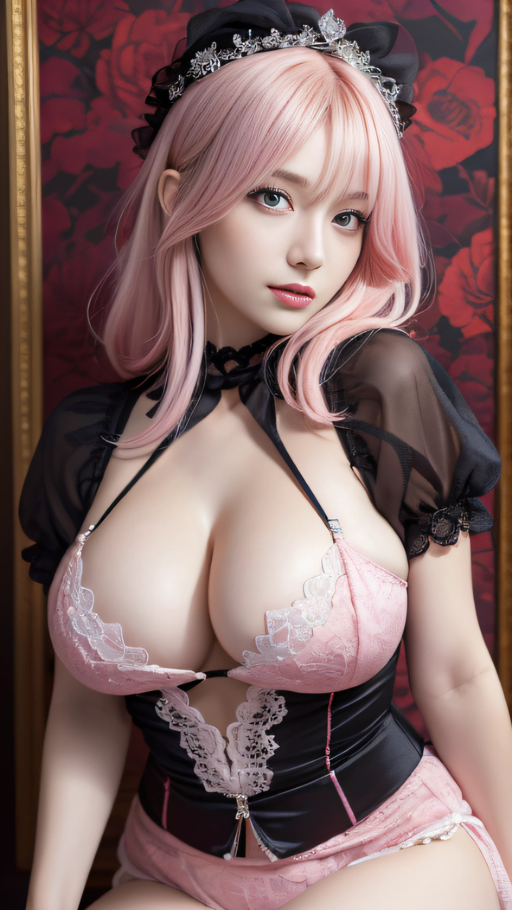(masterpiece:1.4),(best quality:1.4),(extremely delicate and beautiful:1.2),Amazing,beautiful detailed eyes,finely detail,Depth of field,extremely detailed CG unity 8k wallpaper, masterpiece,(A Vampire Girl),pink hair,blonde hair,Red pupils,cleavage,unbuttoned clothes,huge breasts,(milf),torogao,oda non