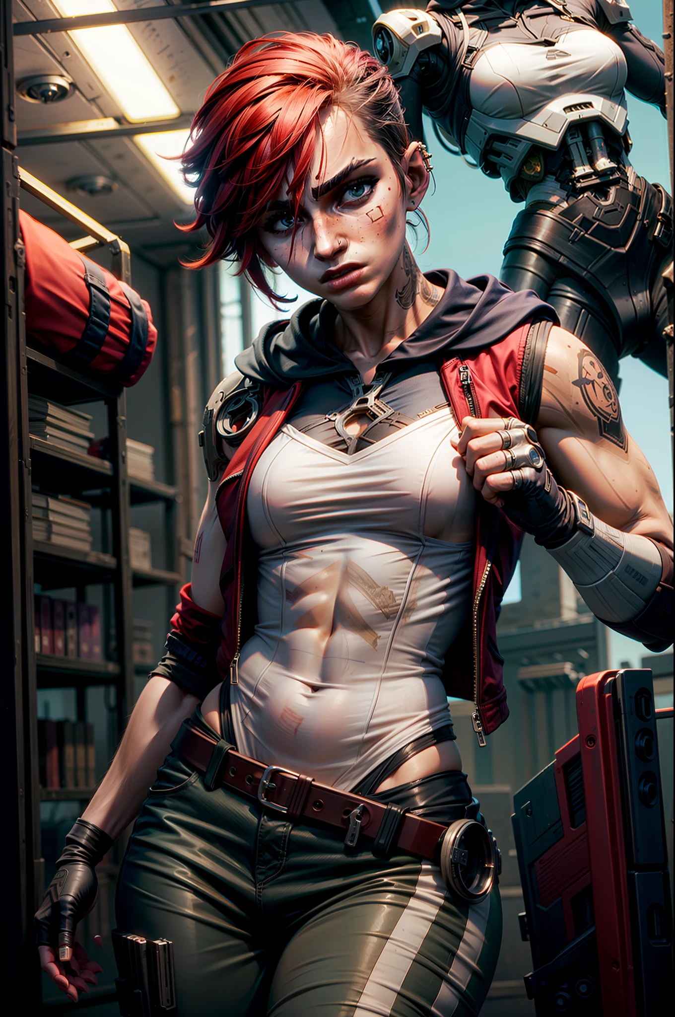 (masterpiece, best quality), intricate details, reelmech, wires, pistons, cyborg, cyberpunk, v1l0l, 1girl, red jacket, sleeveless hoodie, nose piercing, cowboy shot, fighting stance, blue pants,