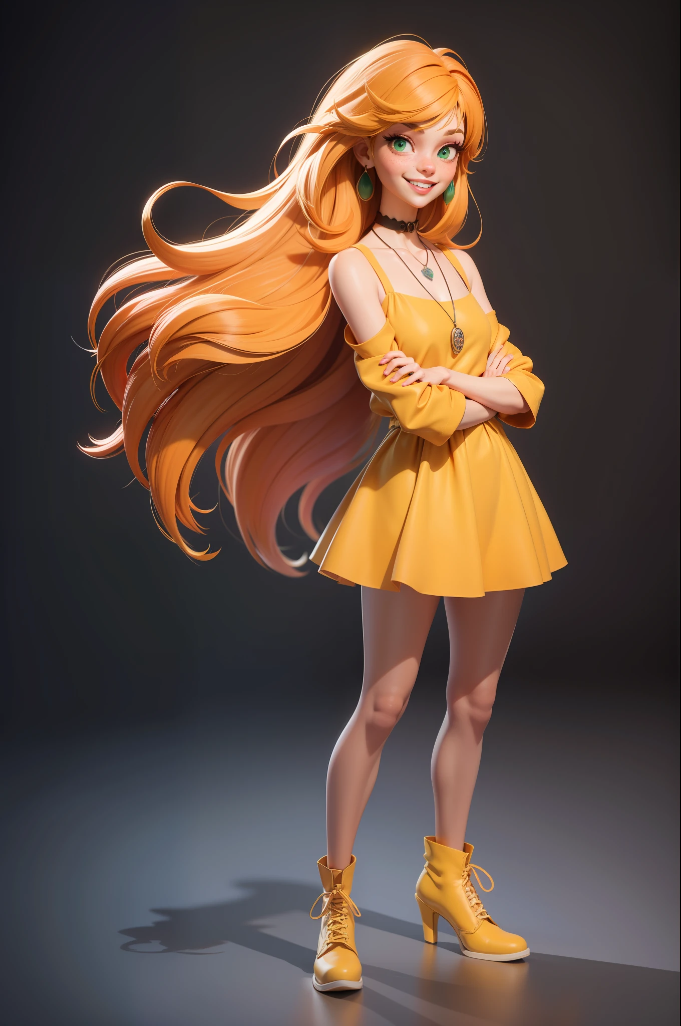 masterpiece, best quality, 3d rendering work, 3DMM style, 3D, 1girl, solo, multicolor hair, yellow hair, orange hair, necklace, freckles, jewelry, two tone hair, looking to side, realistic, body full, light simple background, bangs, looking away, long hair, parted lips, green eyes, goth ,choker, makeup, yellow outfit, smiling, beautiful teeth, perfect arms, perfect hands, legs, perfect, yellow shoe