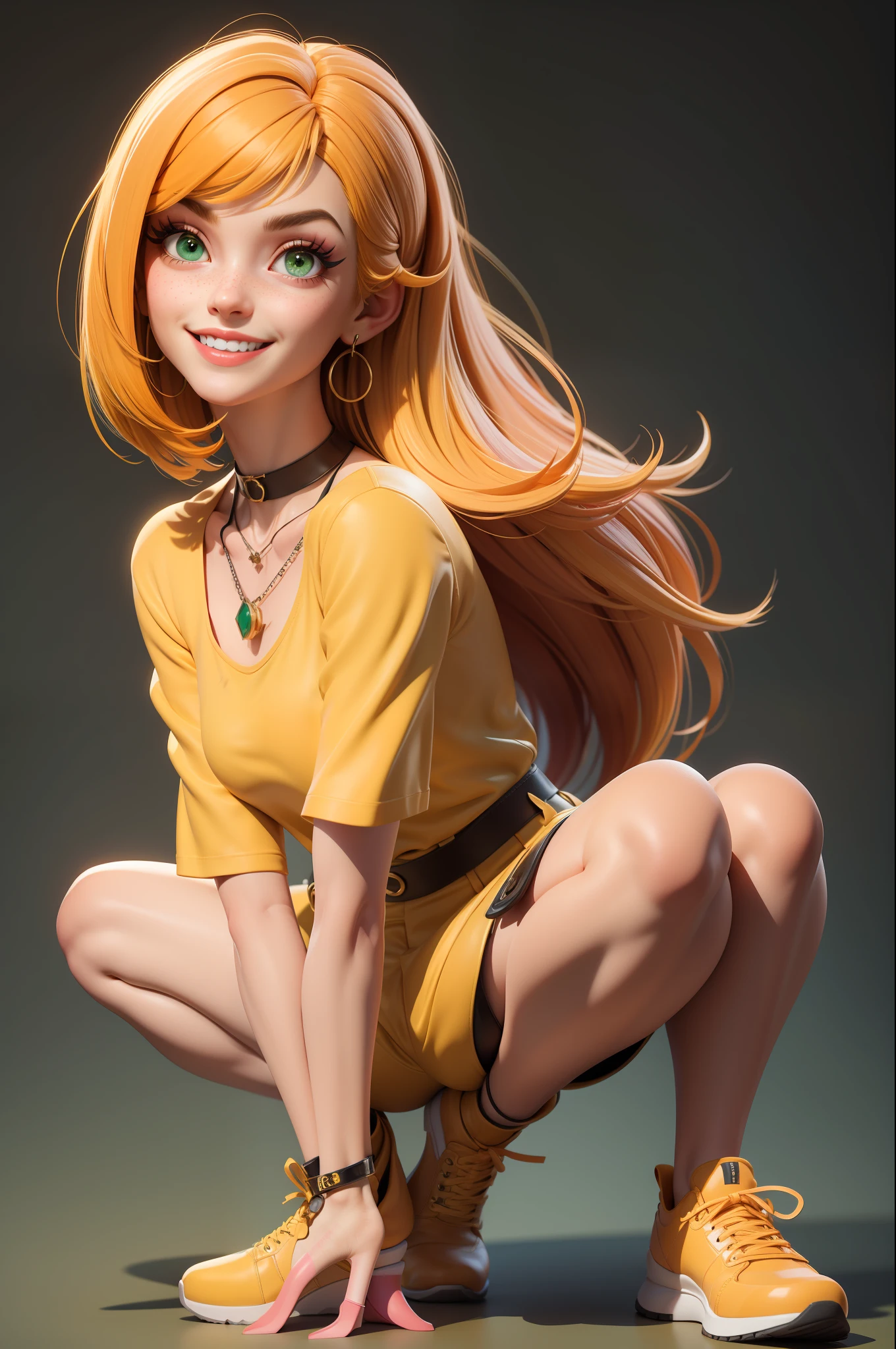 masterpiece, best quality, 3d rendering work, 3DMM style, 3D, 1girl, solo, multicolor hair, yellow hair, orange hair, necklace, freckles, jewelry, two tone hair, looking to side, realistic, body full, light simple background, bangs, looking away, long hair, parted lips, green eyes, goth ,choker, makeup, yellow outfit, smiling, beautiful teeth, perfect arms, perfect hands, legs, perfect, yellow shoe