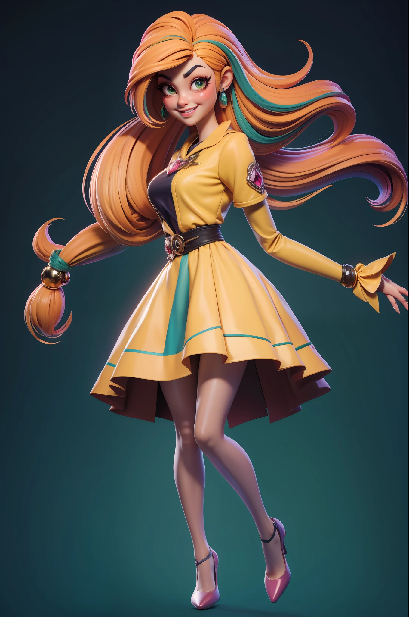 obra-prima, melhor qualidade, trabalho de rending 3d, estilo 3DMM, 3D, 1girl, solo, cabelo multicolorido, cabelo amarelo, cabelo laranja, colar, sardas, joias, cabelo de dois tons, olhando para o lado, realista, de corpo inteiro, fundo simples claro, franja, olhando para longe, cabelo curto, separated-lips, olhos verdes,gotic, gargantilha, maquiagem, vestido rosa claro, sorrindo, lindos dentes, perfect arms, perfect hands, pernas, perfeitas, salto alto amarelo