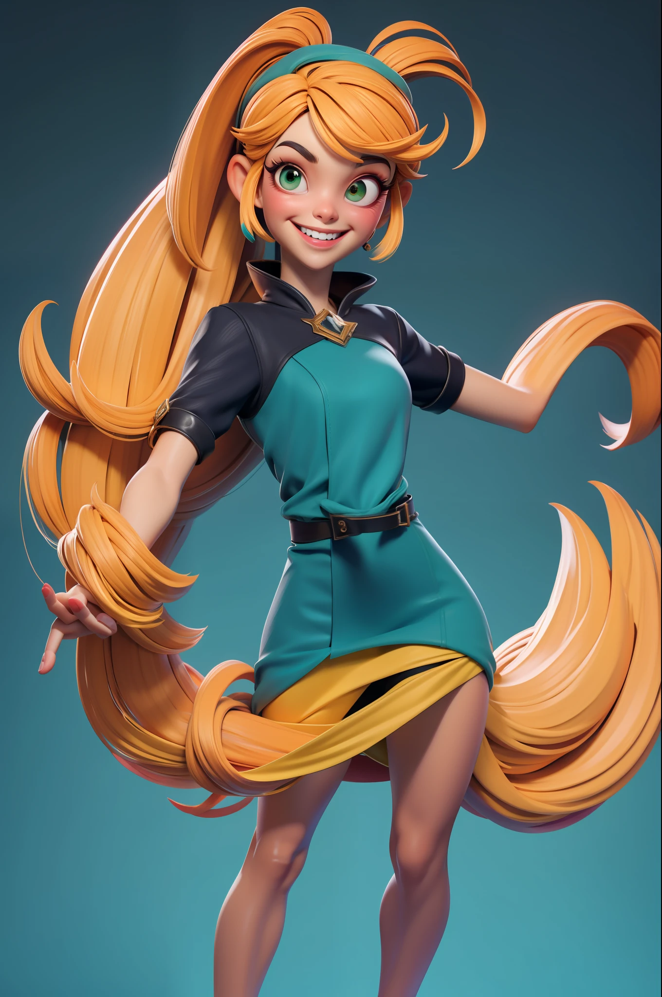 obra-prima, melhor qualidade, trabalho de rending 3d, estilo 3DMM, 3D, 1girl, solo, cabelo multicolorido, cabelo amarelo, cabelo laranja, colar, sardas, joias, cabelo de dois tons, olhando para o lado, realista, de corpo inteiro, fundo simples claro, franja, olhando para longe, cabelo curto, separated-lips, olhos verdes,gotic, gargantilha, maquiagem, vestido rosa claro, sorrindo, lindos dentes, perfect arms, perfect hands, pernas, perfeitas, salto alto amarelo