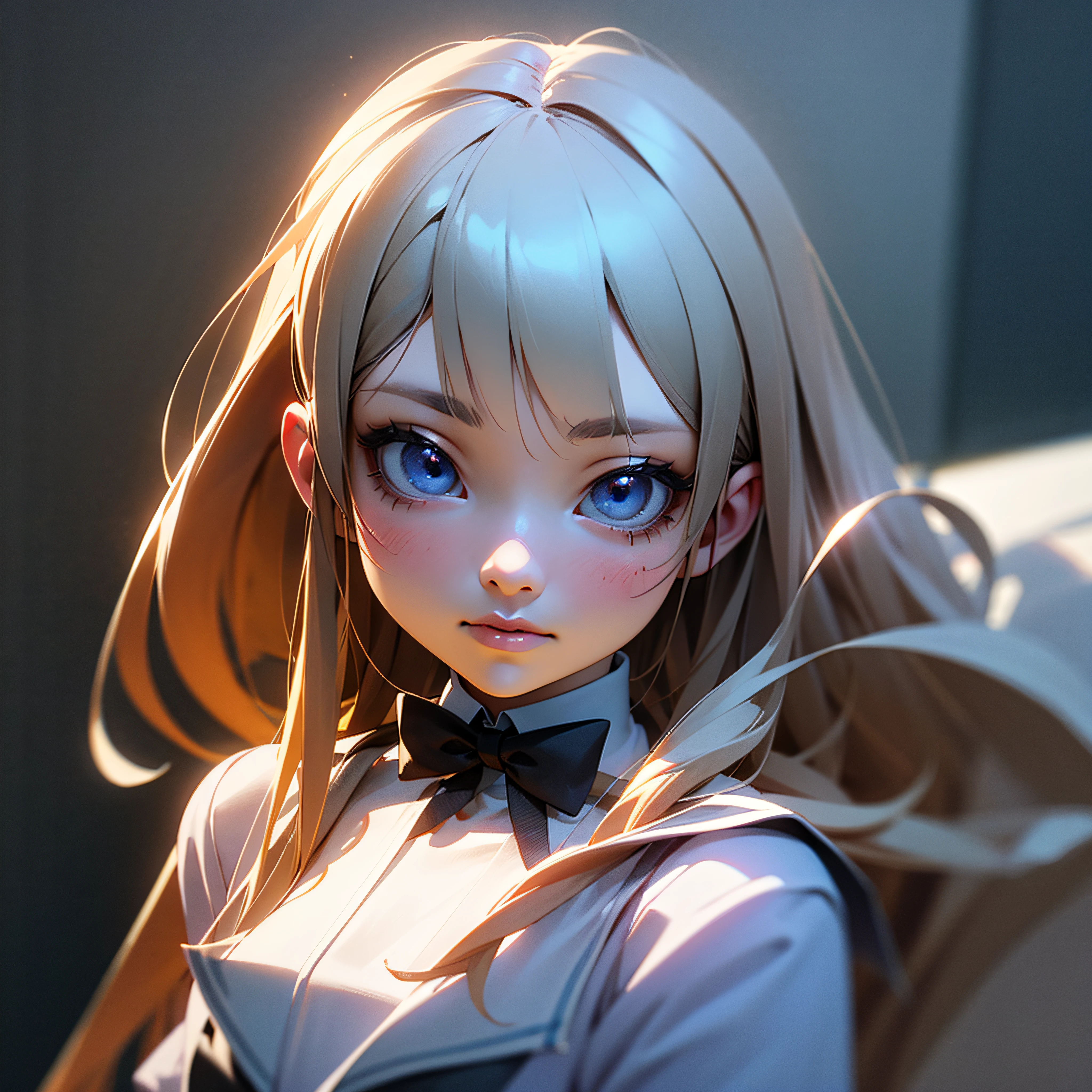 there is a young girl with long hair wearing a bow tie, a hyperrealistic schoolgirl, a hyperrealistic schoolgirl, Realistic schoolgirl, photorealistic anime girl render, realistic anime 3 d style, kawaii realistic portrait, 3 d anime realistic, realistic young anime girl, detailed portrait of an anime girl, Hyper realistic anime, render of a cute 3d anime girl --auto