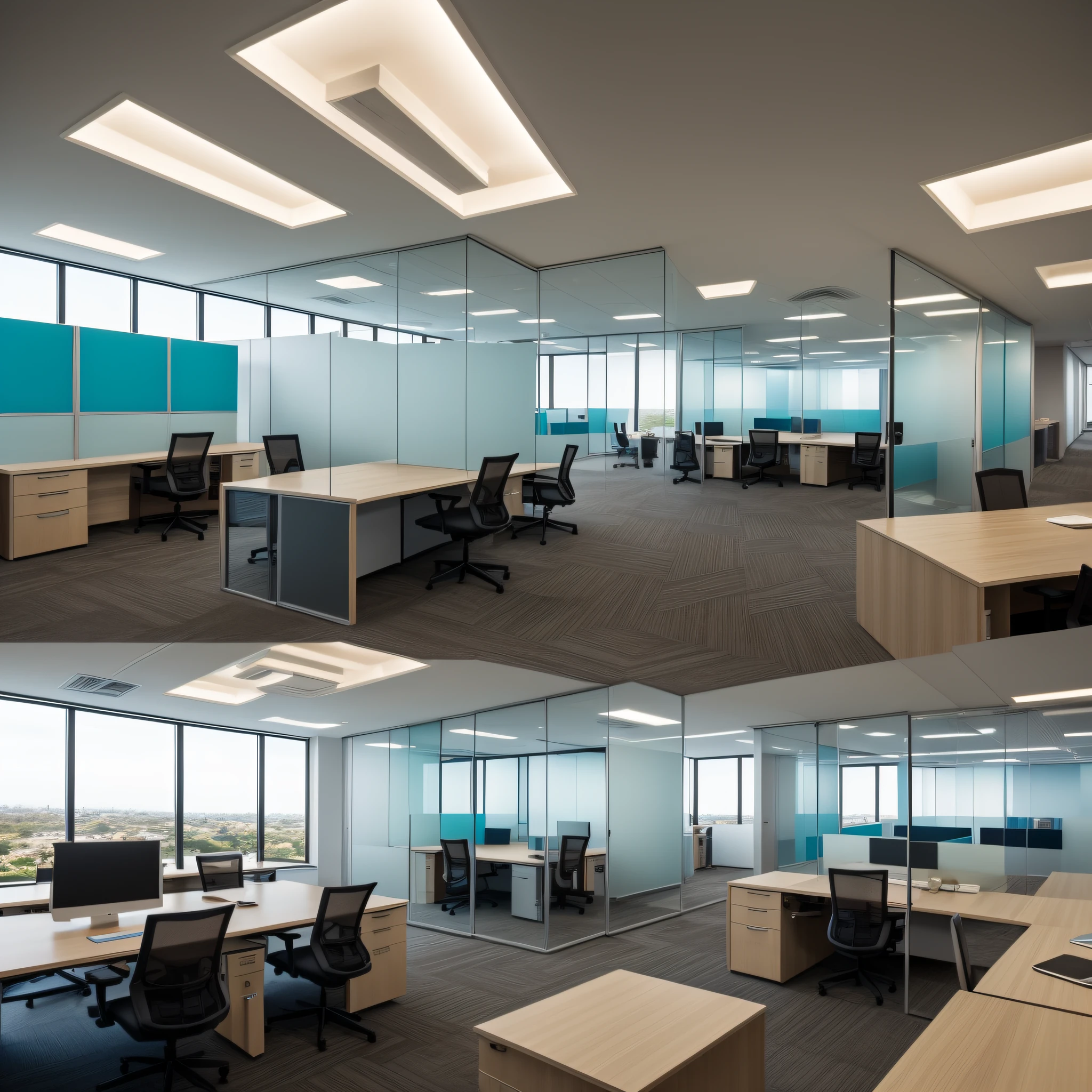 "Imagine a futuristic office with transparent glass walls, ergonomic furniture and a customizable lighting ceiling, criando um ambiente inspirador para a criatividade e a produtividade."
