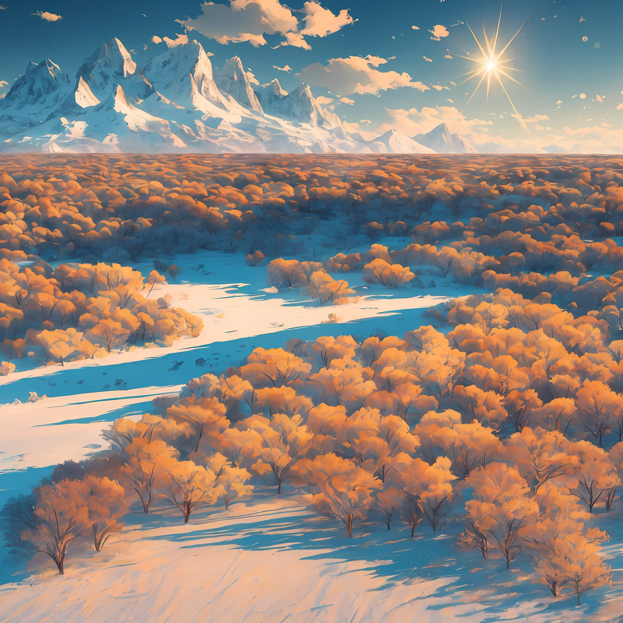 Estilo, ChromaV5, Nvinkpunk (papel de parede 8k de unidade CG extremamente detalhado), A landscape of a vast and barren tundra, detalhes intrincados do terreno gelado e o tufo ocasional de plantas resistentes da tundra, The focus of the image is the play of light and shadow in the frozen landscape,Village under the mountain with the sun casting a warm golden glow over the scene, fotografia premiada, chromatic aberration, detalhada, HDR, florescer, arte por Caspar David Friedrich, JMW Turner, David Hockney, trending on ArtStation, trend at CGSociety , --auto