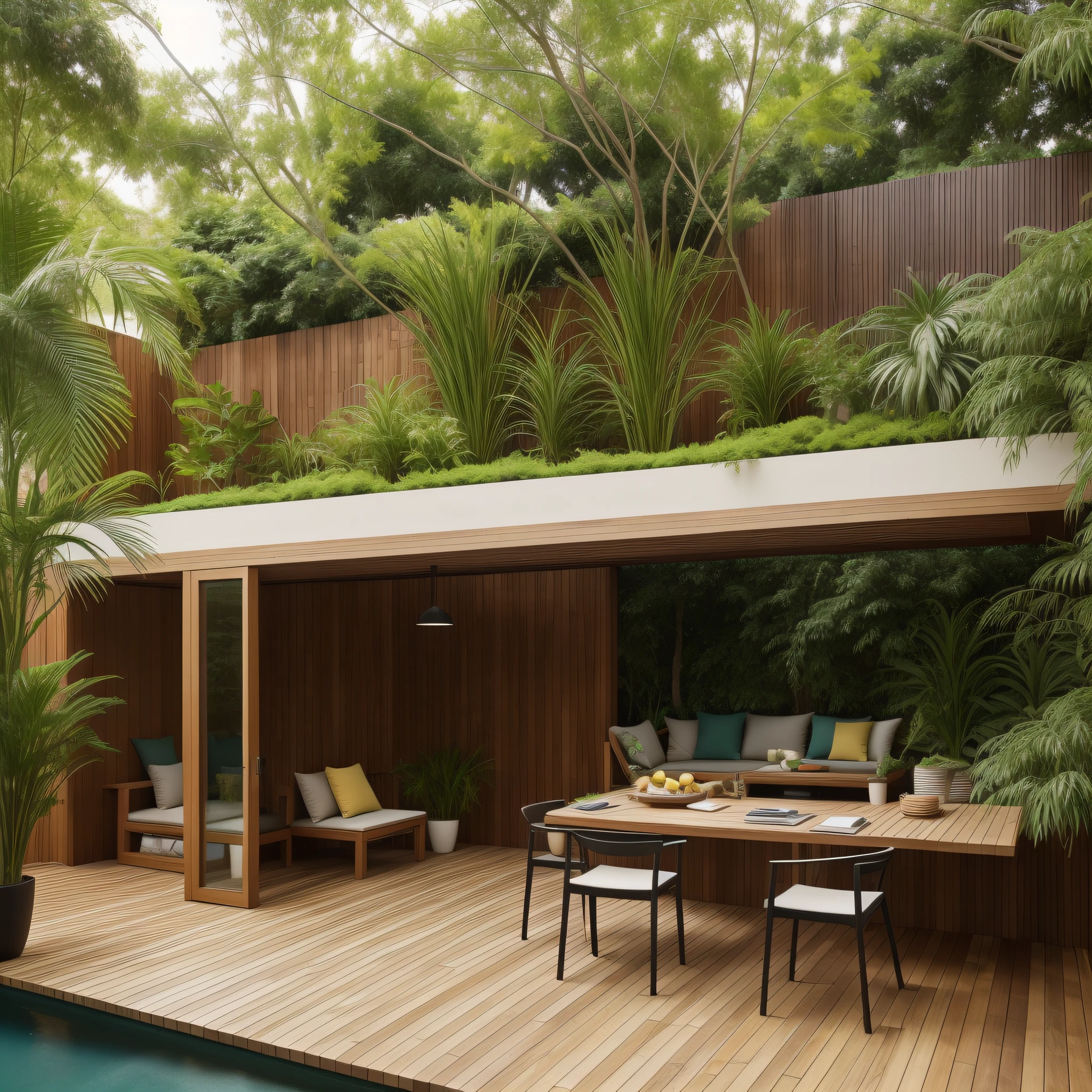 "Create an outdoor workspace, com mesas e cadeiras cercadas por plantas exuberantes e elementos naturais, proporcionando um ambiente refrescante e estimulante para a mente."