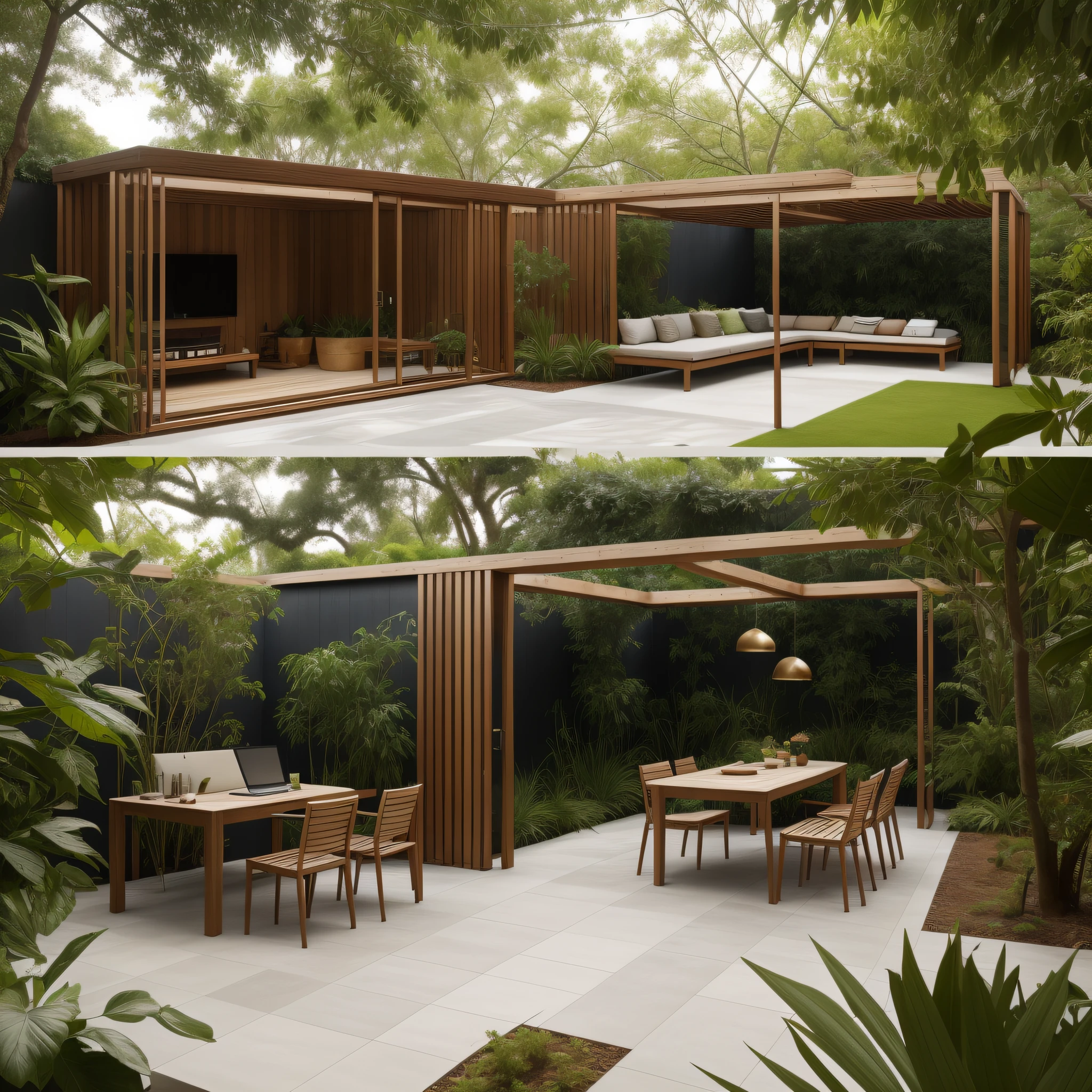 "Create an outdoor workspace, com mesas e cadeiras cercadas por plantas exuberantes e elementos naturais, proporcionando um ambiente refrescante e estimulante para a mente."