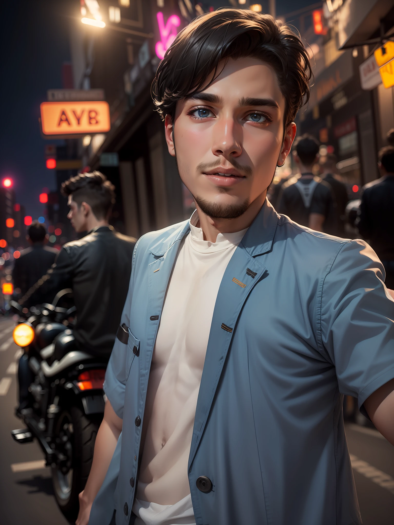 a young man on a motorbike, 20 years old, 25 years old, in a black tee shirt, in a blue jean jacket, 8K, RAW, UHD, upper body, (close up, head short, clear eyes), highly detailed face, midnight in the city, blue cinematic lighting