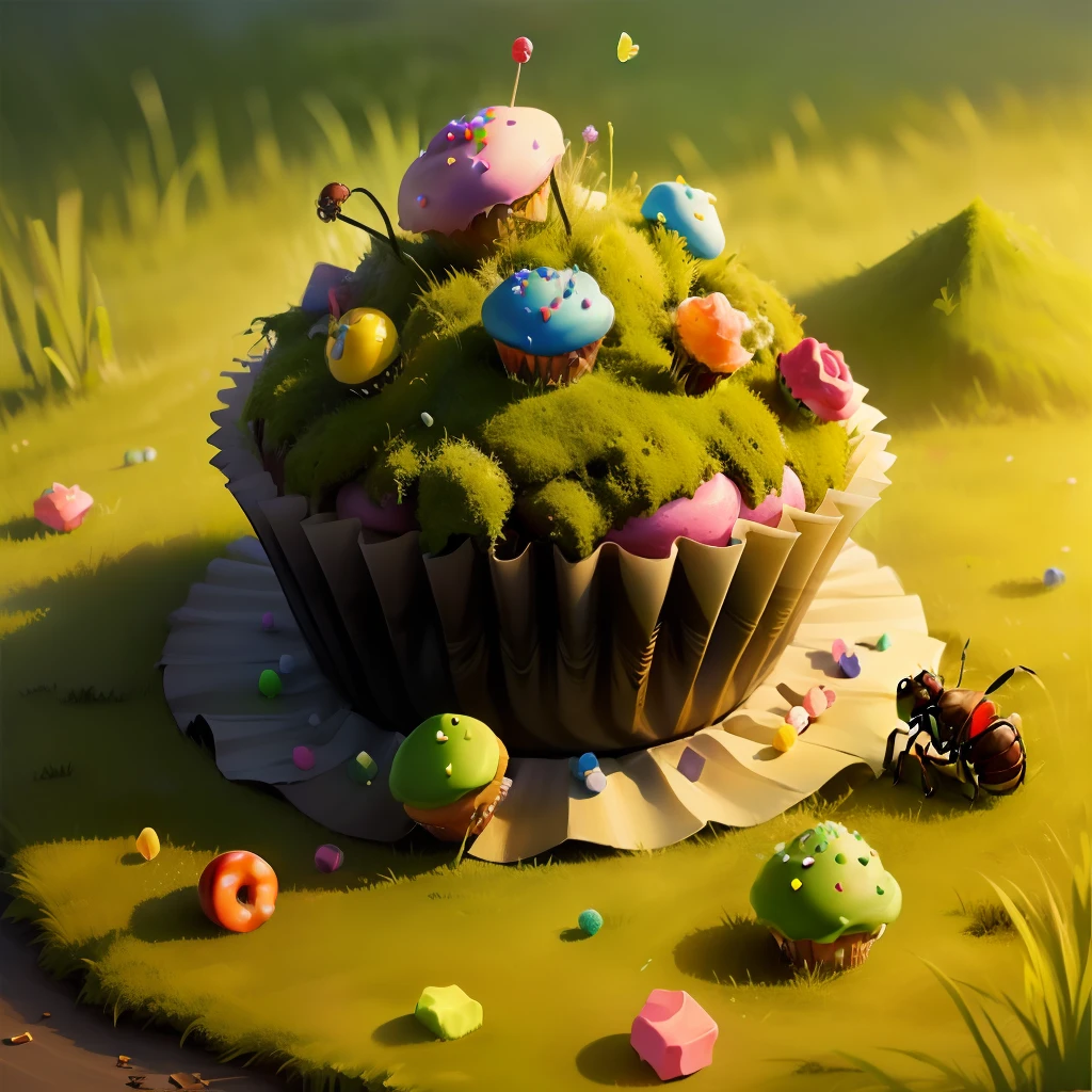 realistic. cupcake hill, with green moss and at the top and candy are scattered in the grass. ants run around with candys in their mandibles