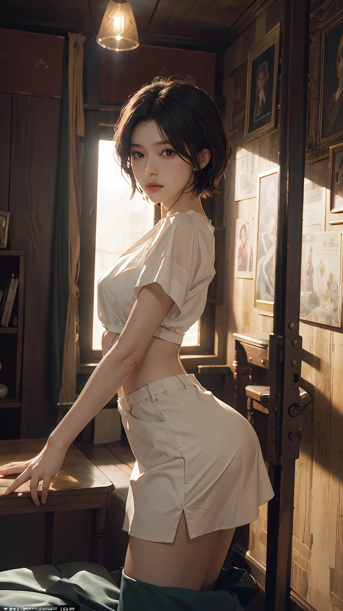 CG Unity 8K wallpapers with the highest quality details, RAW photos of national treasures, realism: 1.3, dynamic angles, short hair, under thin fabric miniskirts: 1.2, movie lighting, lens flares, futuristic rooms, meticulous detail