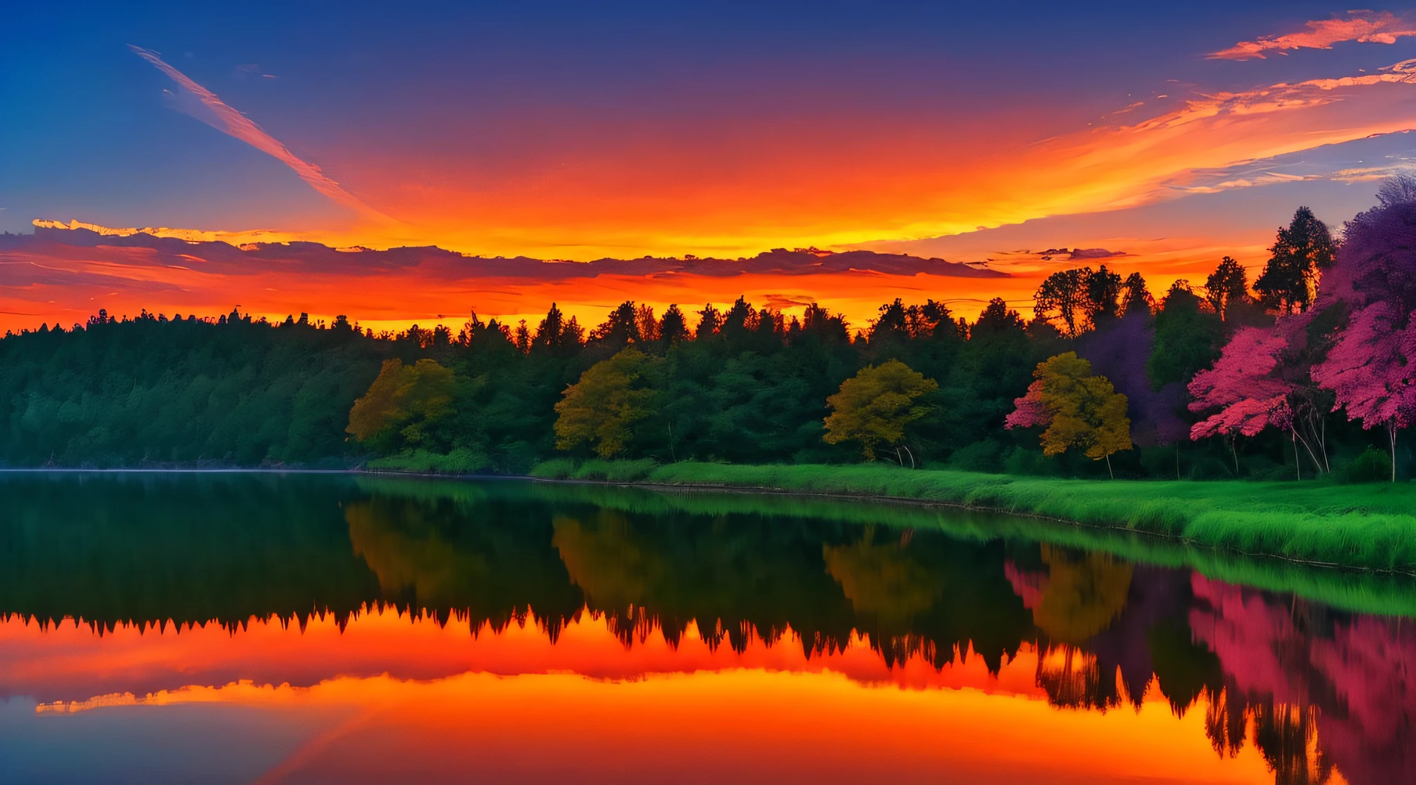 there is a beautiful sunset with a lake and trees in the background, colorful skies, surreal colors, colorful sunset, colorful sky, marvellous reflection of the sky, stunning sky, dream like atmosphere 8k, colorful clouds, colors reflecting on lake, surreal sky, red and blue reflections, fire reflection, beautiful sky, beautiful and spectacular dusk, beautiful dreamy landscape, amazing sky