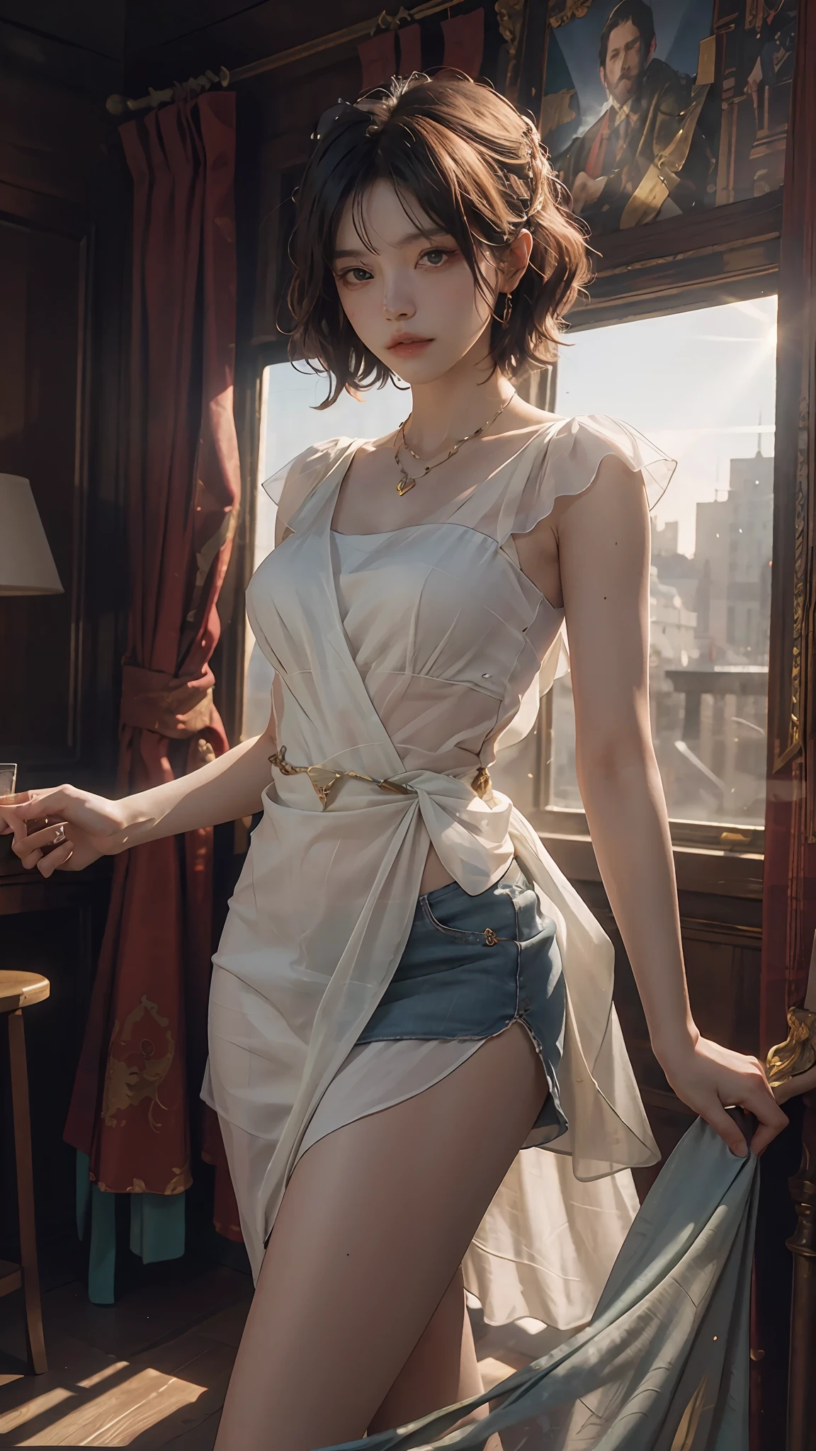 CG Unity 8K wallpapers with the highest quality details, RAW photos of national treasures, realism: 1.3, dynamic angles, short hair, under thin fabric miniskirts: 1.2, movie lighting, lens flares, futuristic rooms, meticulous detail