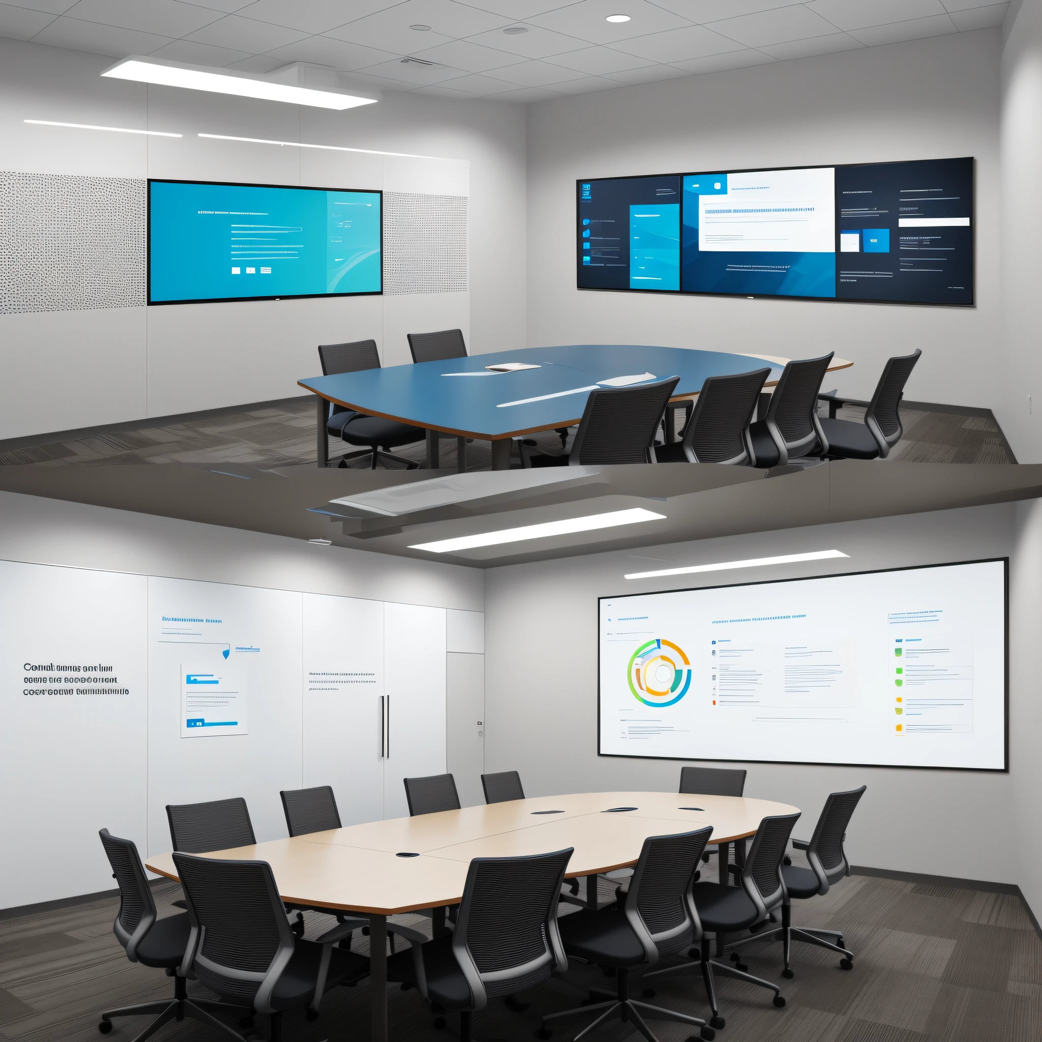 "Design a meeting room with interactive walls, where participants can share ideas on a digital surface, enabling dynamic and visually engaging collaboration."