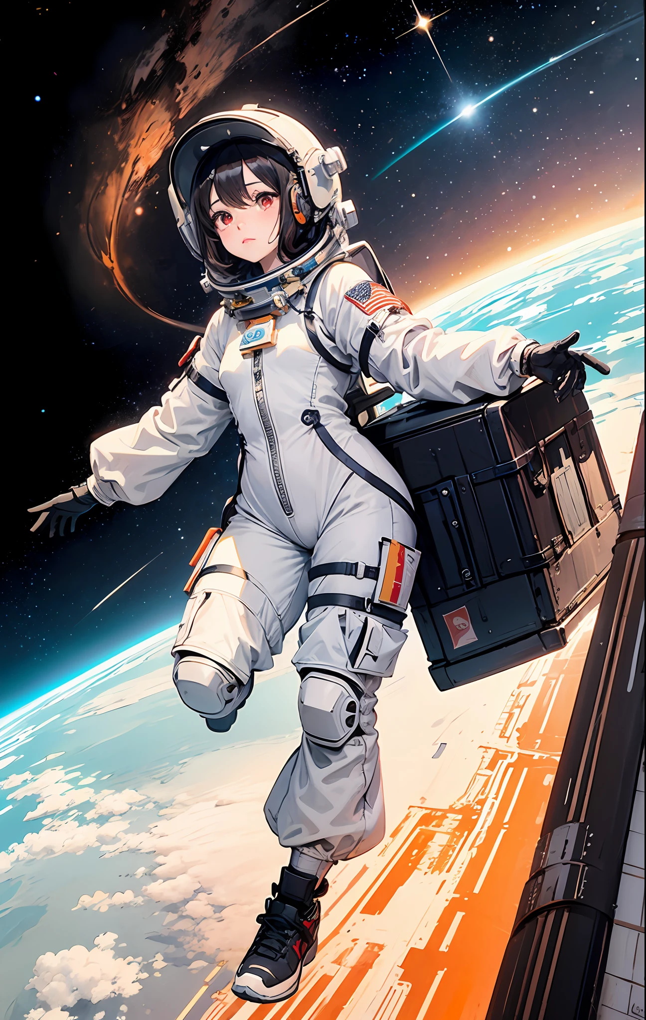 1girl, flat chested, cute, beautiful detailed eyes, shiny hair, visible through the hair, hair between the eyes, CCCPposter, sovietposter, red monochrome, Soviet poster, USSR, communism, black hair, red eyes, vampire ,girl,small breasts,spacesuit:Orange_clothing_body:jumpsuit ), white_gloves, white_space shoes, white_helmet, CCCP scarlet letters on the top of the helmet, weightlessness, Side light, reflection, the person in the spacesuit is at the bottom left of the picture, right hand outstretched, right hand Gently touch the Salyut space station), the space station in the upper right corner of the screen, the reflected light of the sun, silver metal, red flag, brilliance, Soviet style, diffuse reflection, metal texture, blue earth in the distance, mech style, star sea, high-profile, majestic