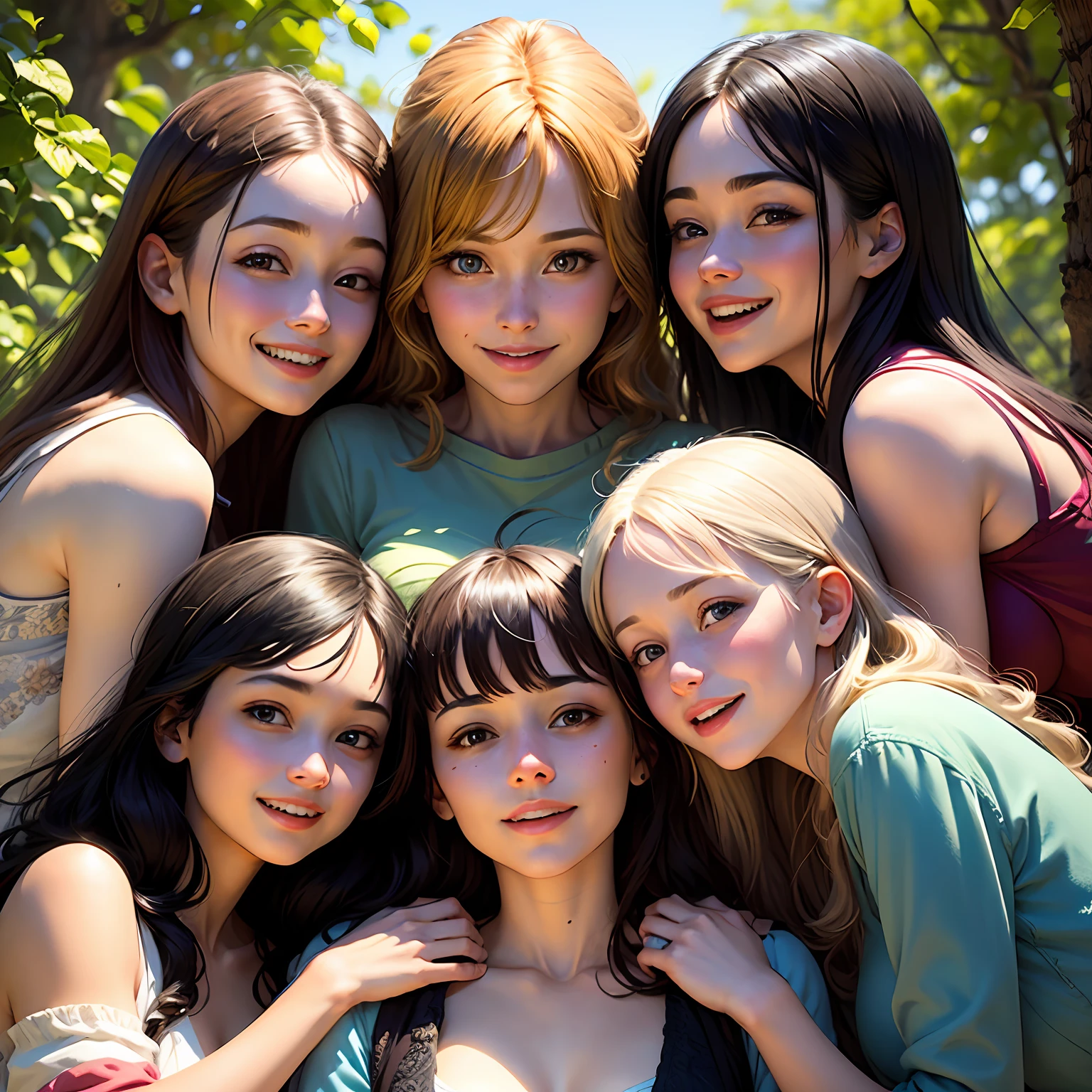 ((Best quality, masterpiece)), five lifelong friends, warmly embracing, smiling ear-to-ear, surrounded by lush greenery and a crisp blue sky, basking in the sunshine of a perfect day.