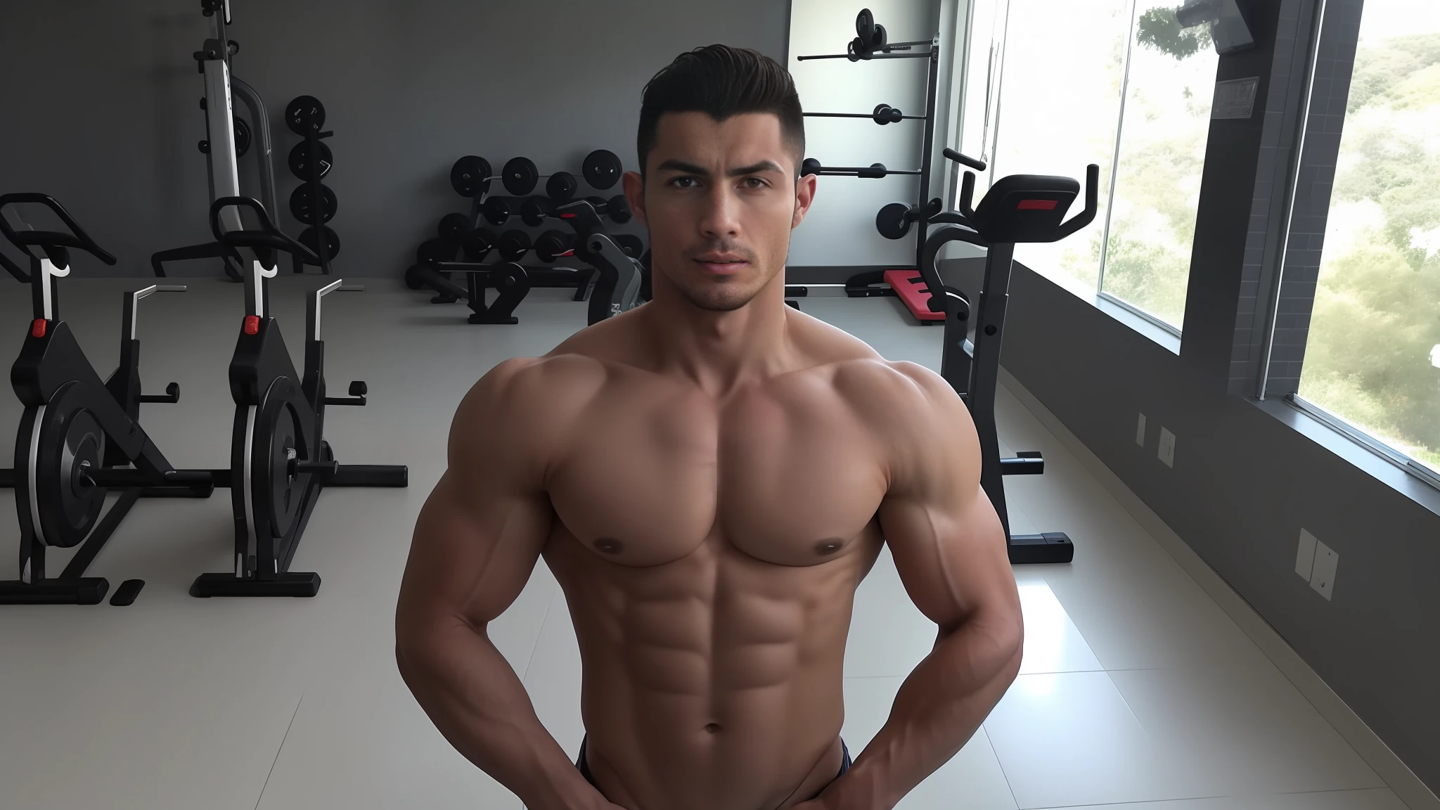 there is a man standing in a gym with his hands on his hips, caio santos, foto fit, muscular build, exaggerated muscle physique, absurdly muscular physique, very symmetrical body, exaggerated physique, bastante musculoso, extremely muscular, Cristiano Orrillo, andres rios, meio tiro de um hunky, tiro no meio do corpo, masculino e forte
