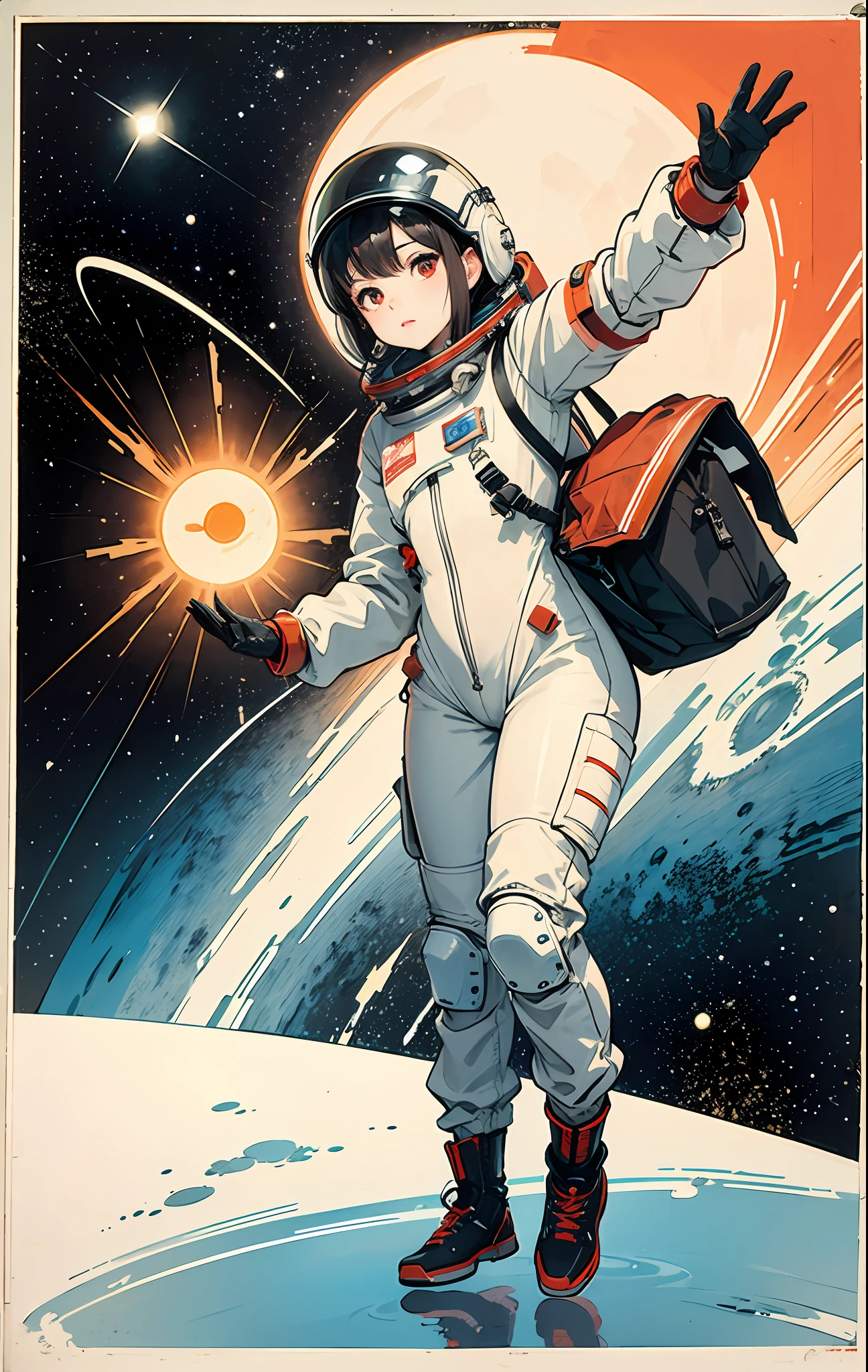 1girl, flat chested, cute, beautiful detailed eyes, shiny hair, visible through the hair, hair between the eyes, CCCPposter, sovietposter, red monochrome, Soviet poster, USSR, communism, black hair, red eyes, vampire ,girl,small breasts,spacesuit:Orange_clothing_body:jumpsuit ), white_gloves, white_space shoes, white_helmet, CCCP scarlet letters on the top of the helmet, weightlessness, Side light, reflection, the person in the spacesuit is at the bottom left of the picture, right hand outstretched, right hand Gently touch the Salyut space station), the space station in the upper right corner of the screen, the reflected light of the sun, silver metal, red flag, brilliance, Soviet style, diffuse reflection, metal texture, blue earth in the distance, mech style, star sea, high-profile, majestic